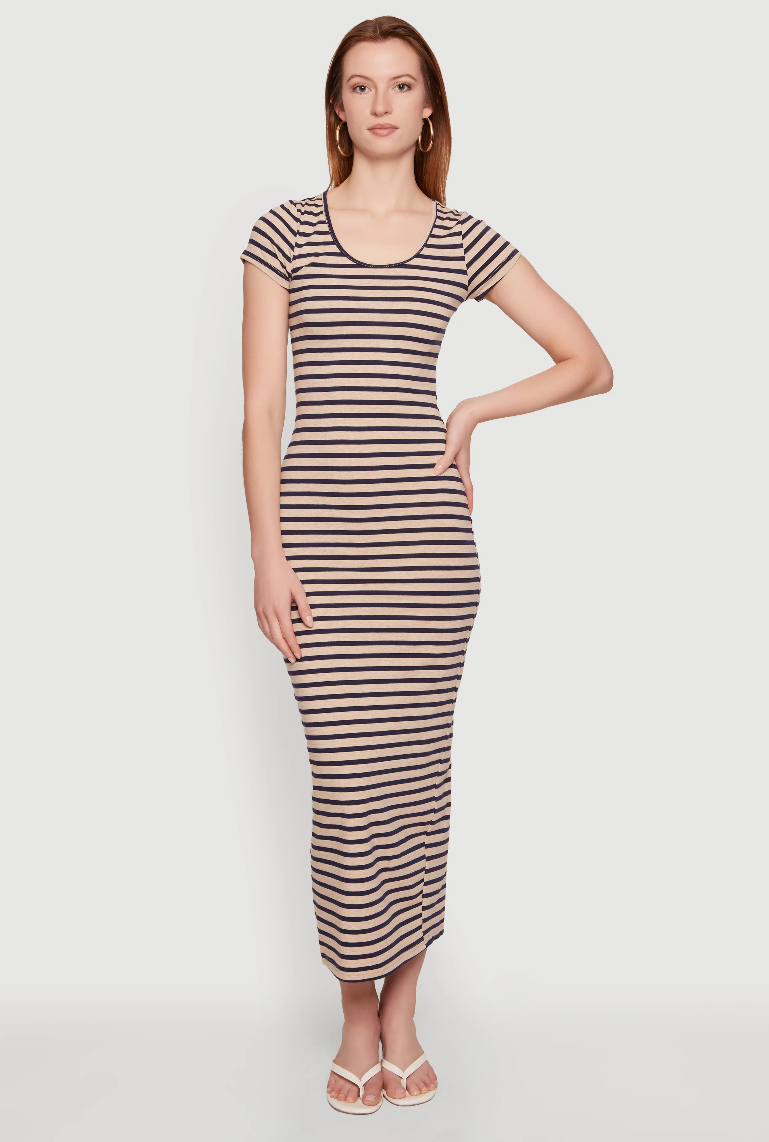 Striped Scoop Neck Back Slit Midi Dress