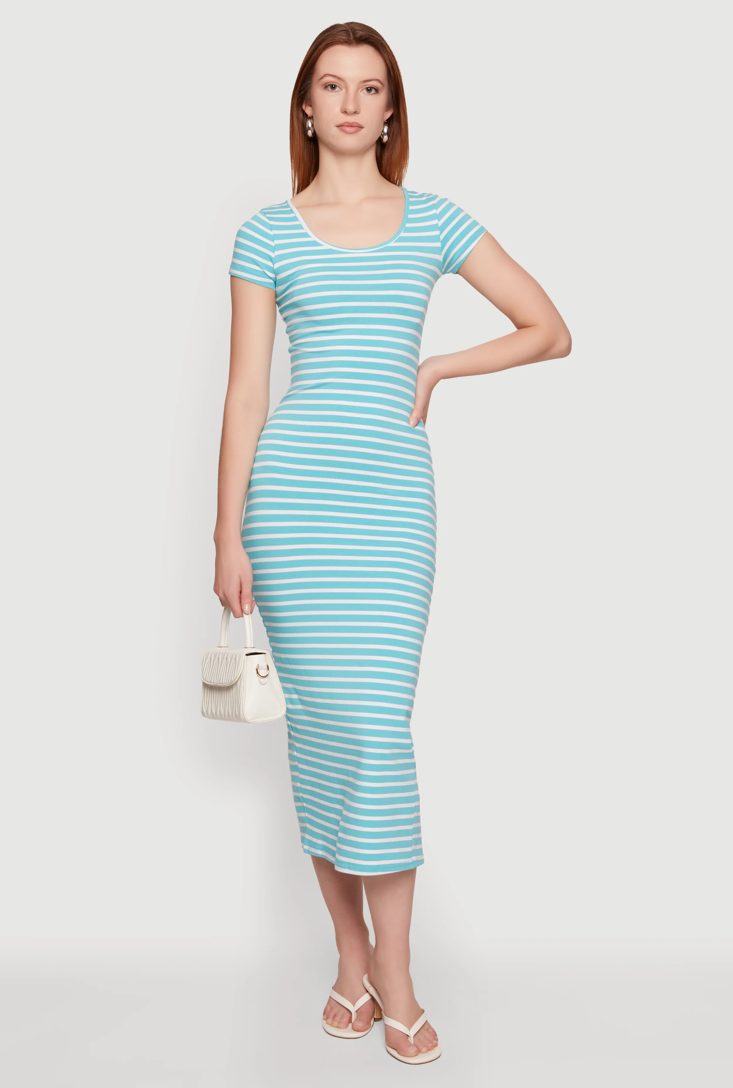 Striped Scoop Neck Back Slit Midi Dress