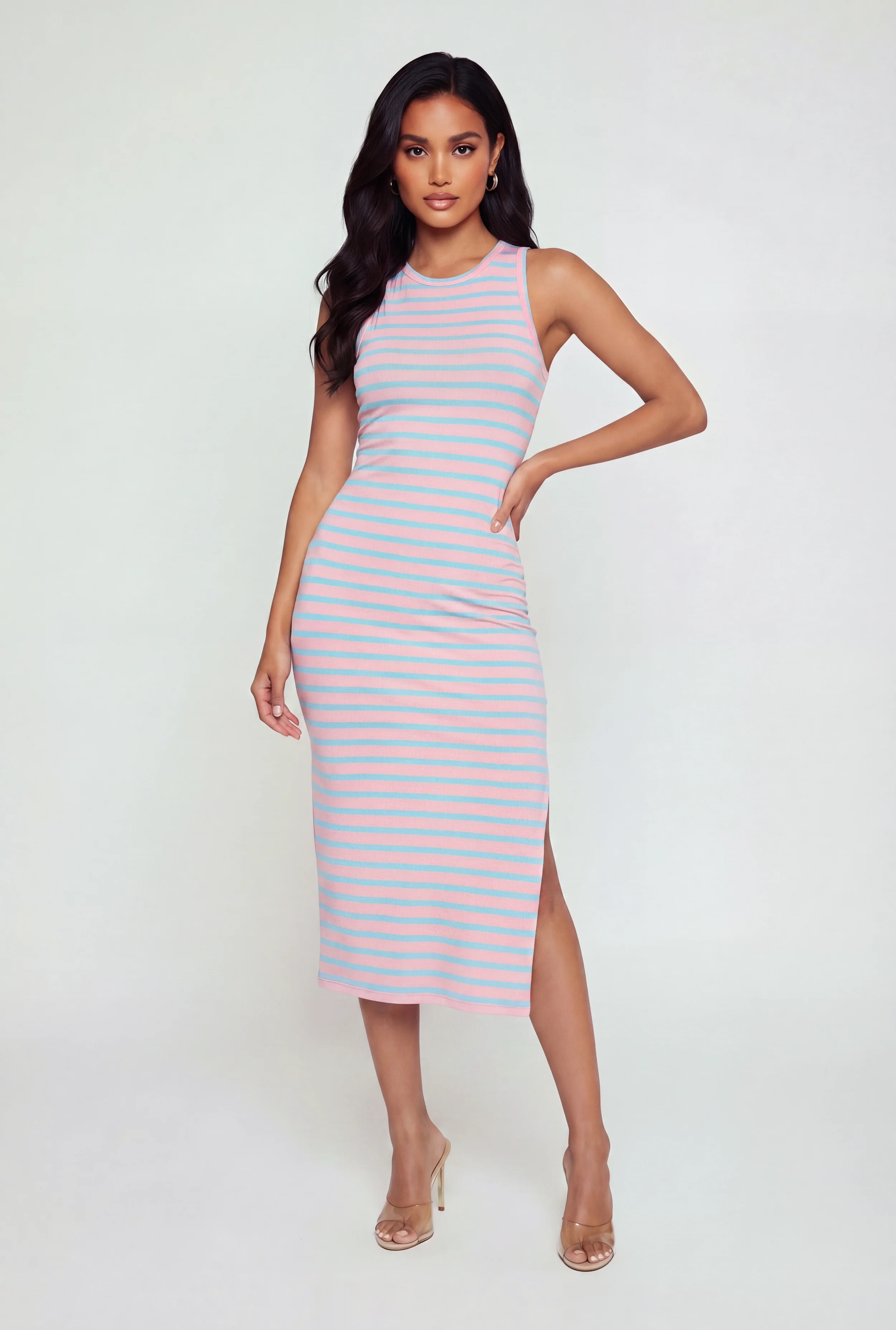 Striped Side Slit Tank Midi Dress