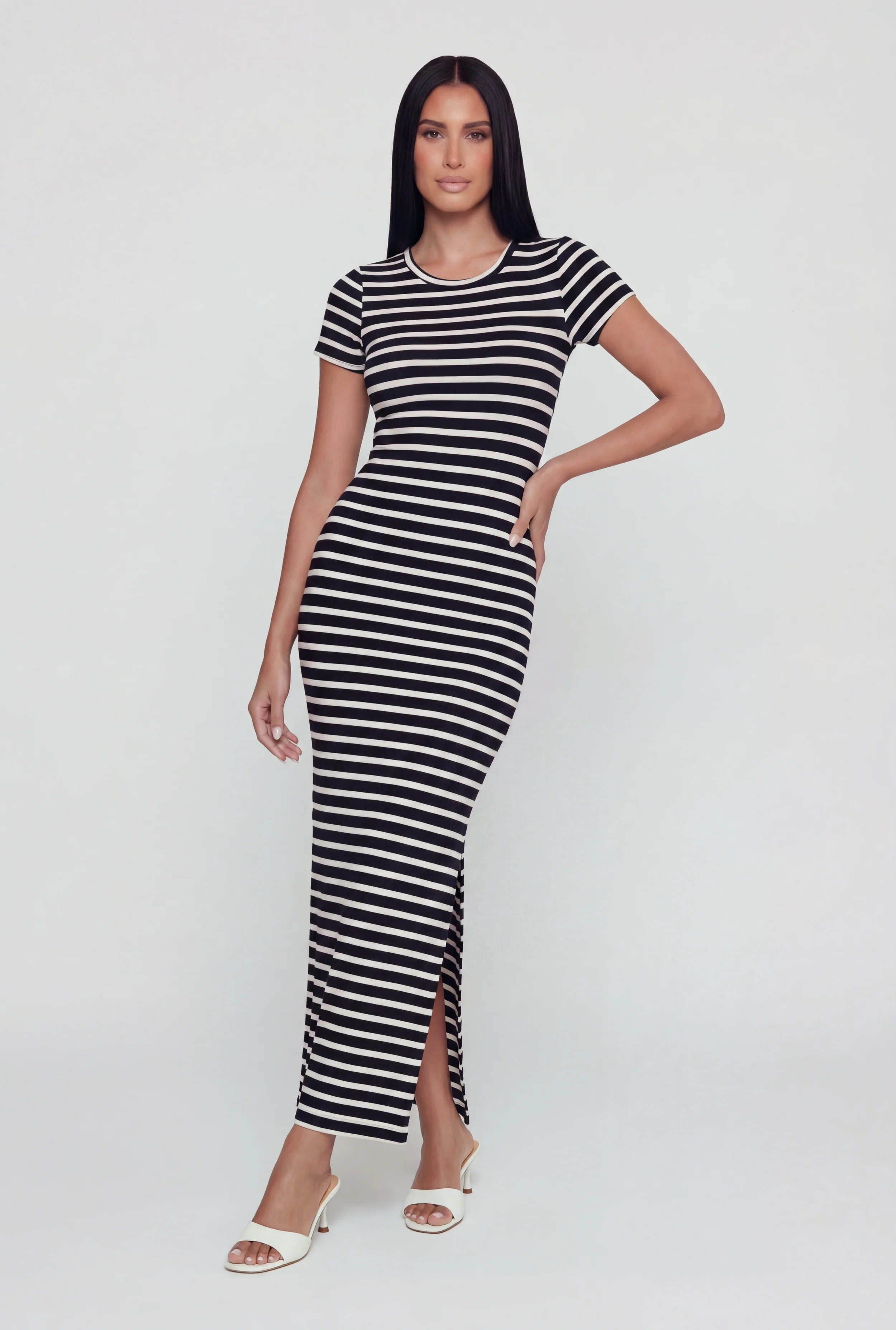 Short Sleeve Striped Dress with Side Slit