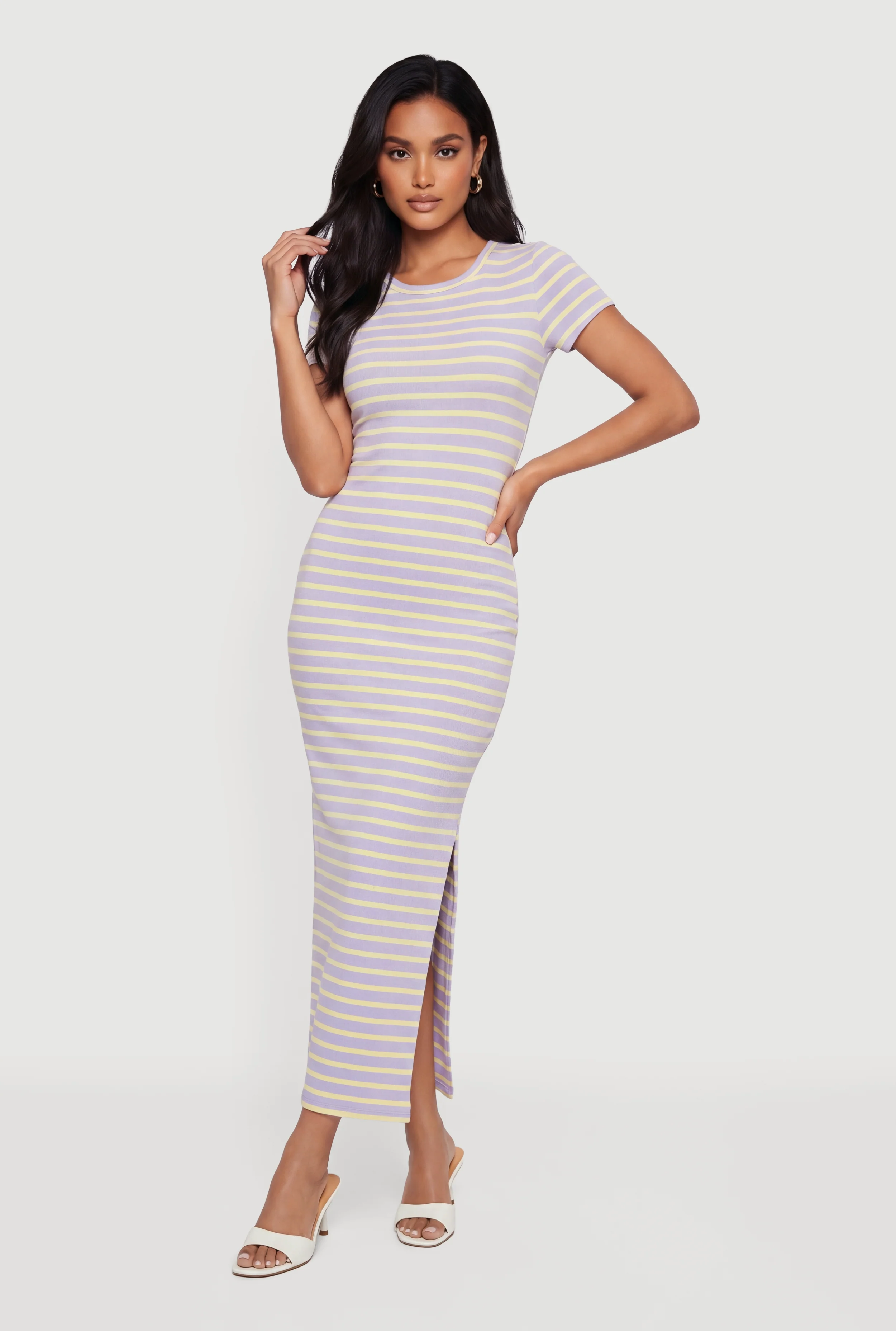 Short Sleeve Striped Dress with Side Slit