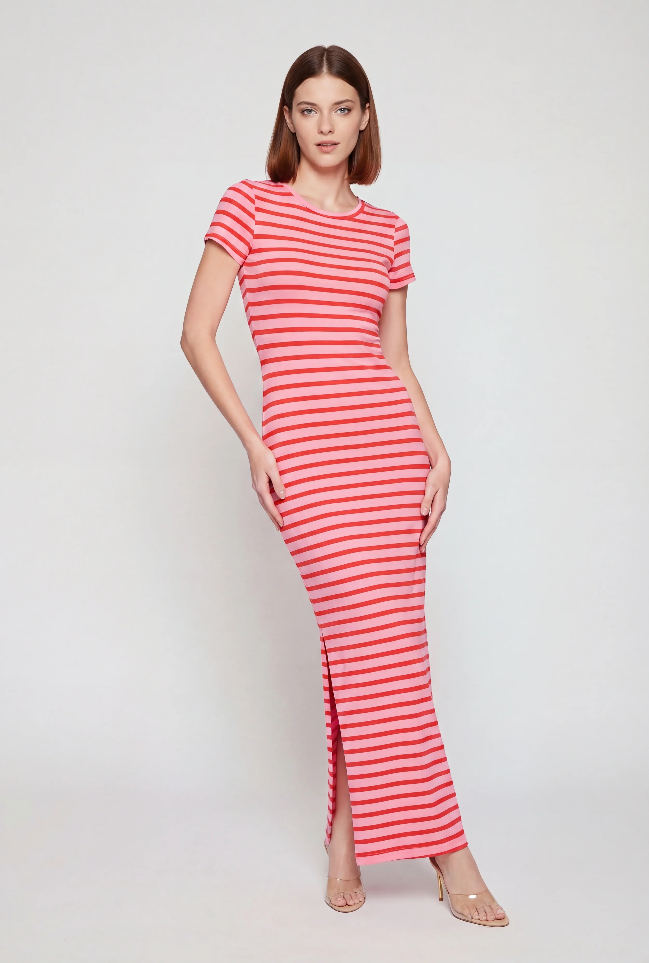 Short Sleeve Striped Dress with Side Slit