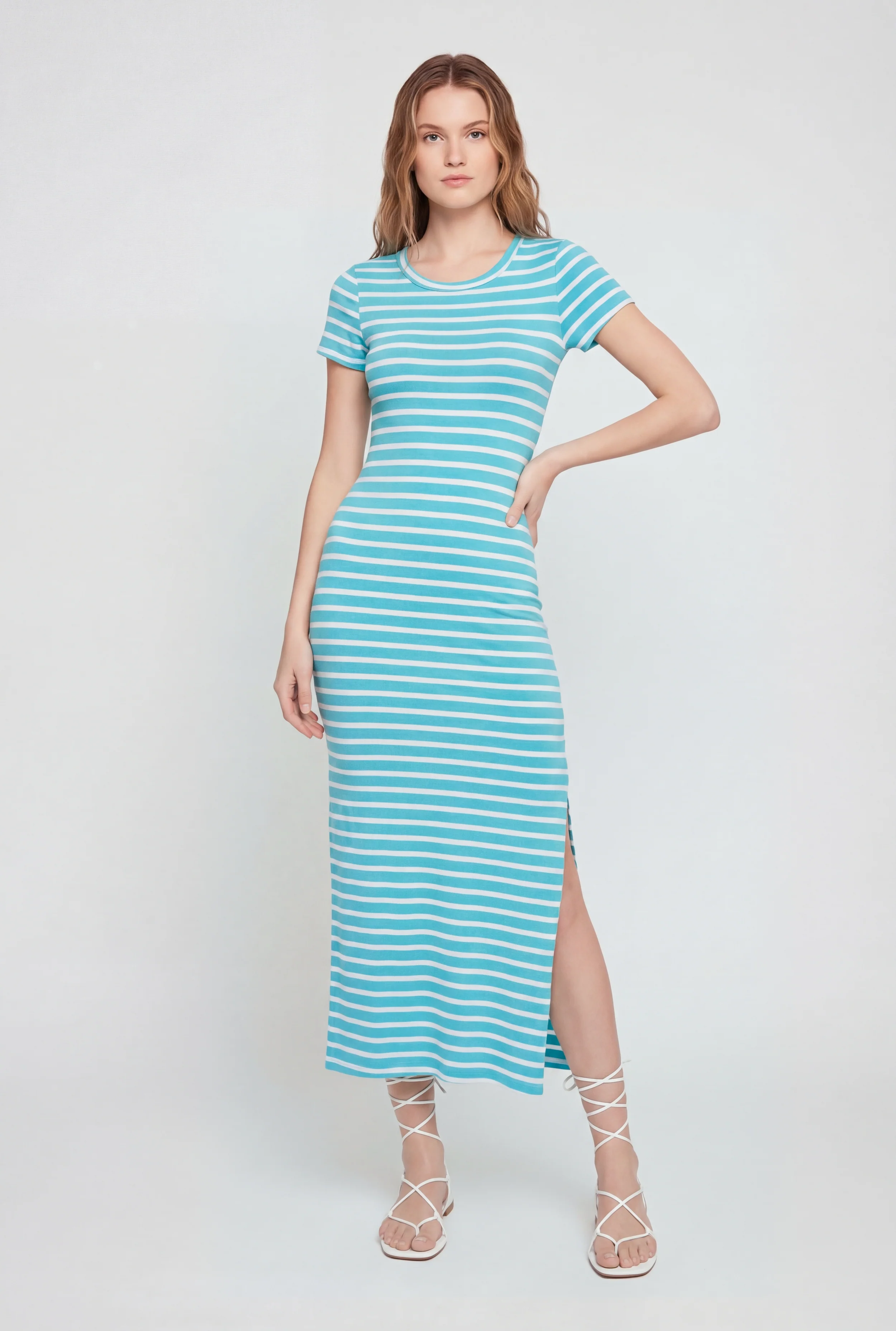 Short Sleeve Striped Dress with Side Slit