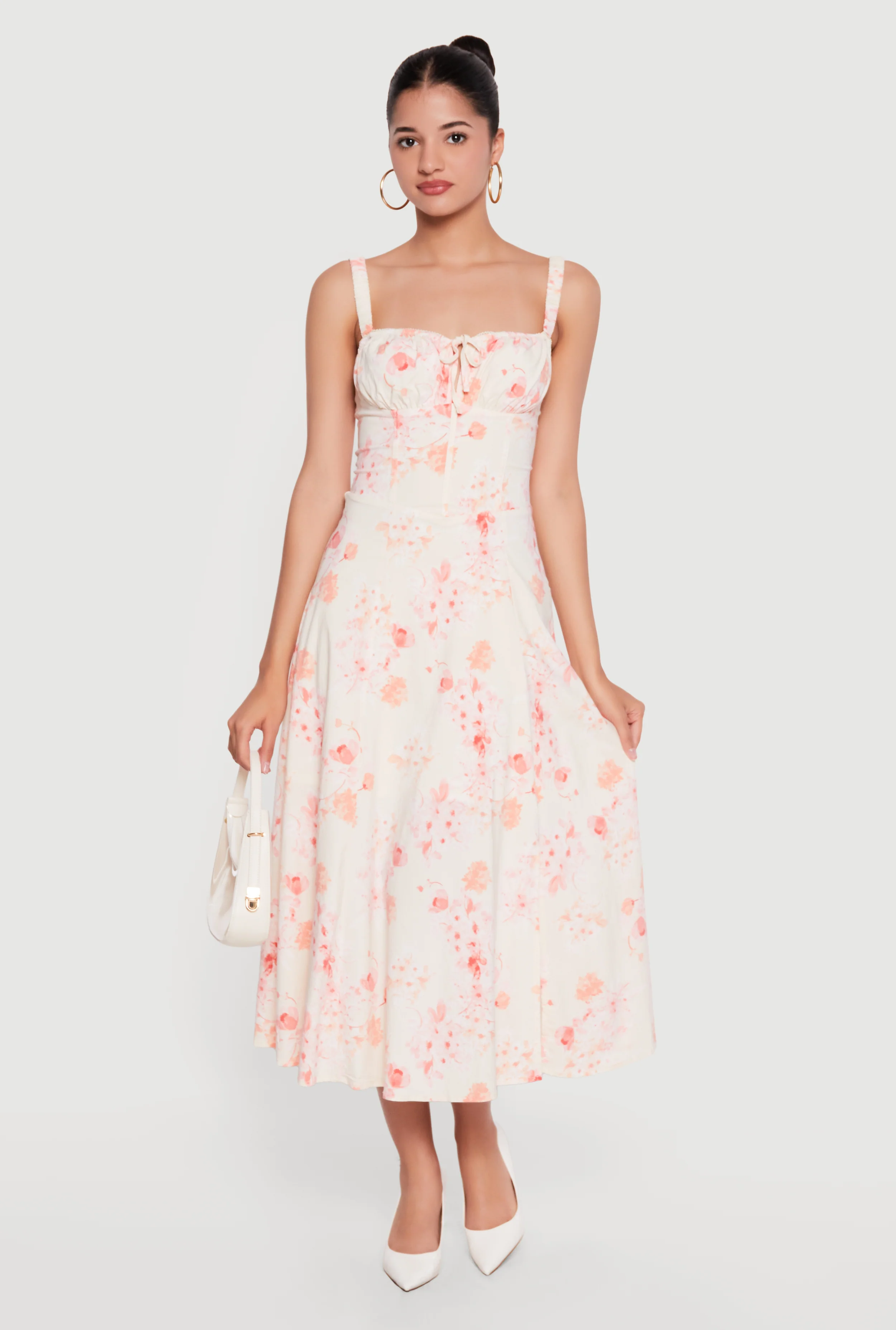 Floral Sweetheart Neckline Lace Up Back Midi Dress