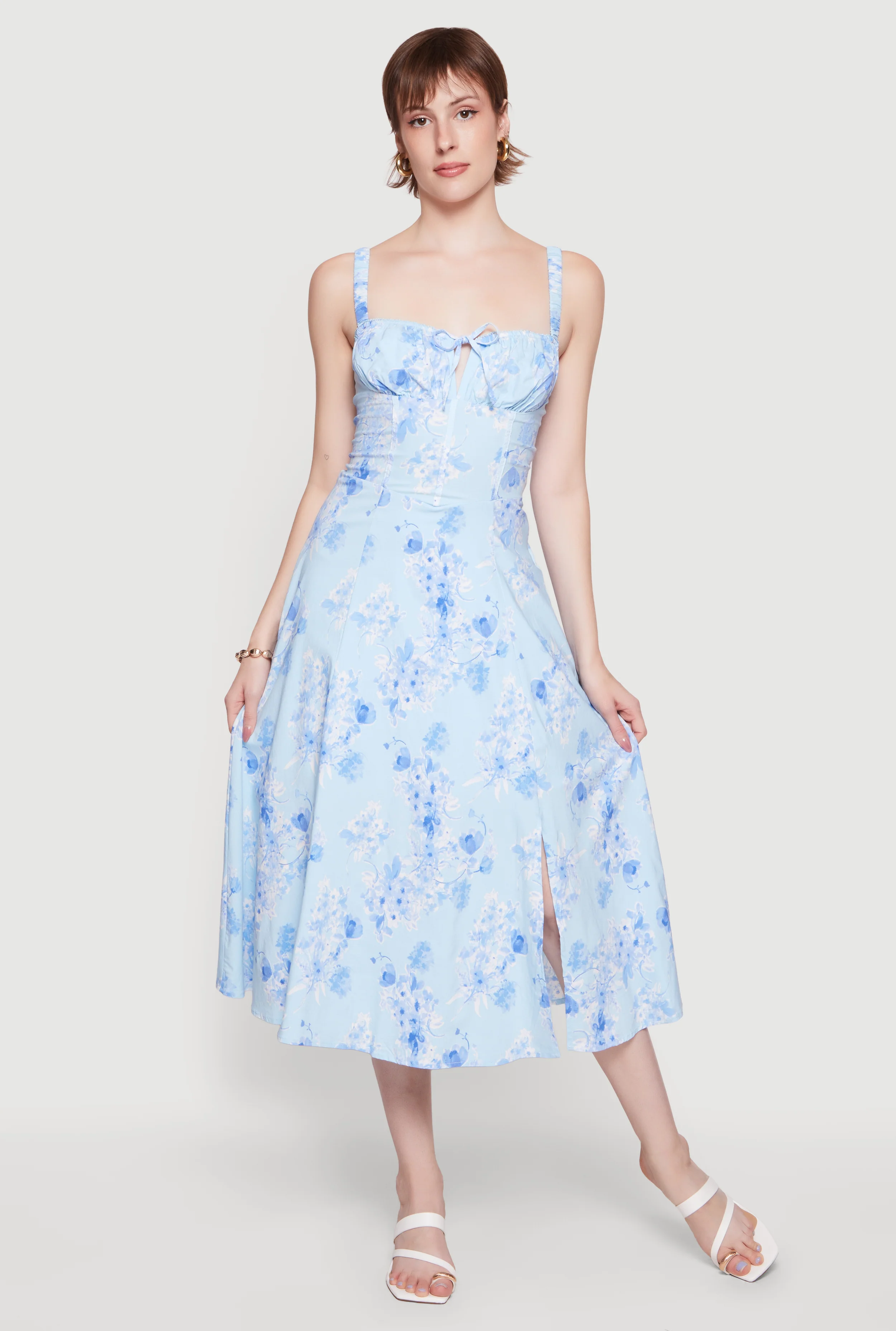Floral Sweetheart Neckline Lace Up Back Midi Dress