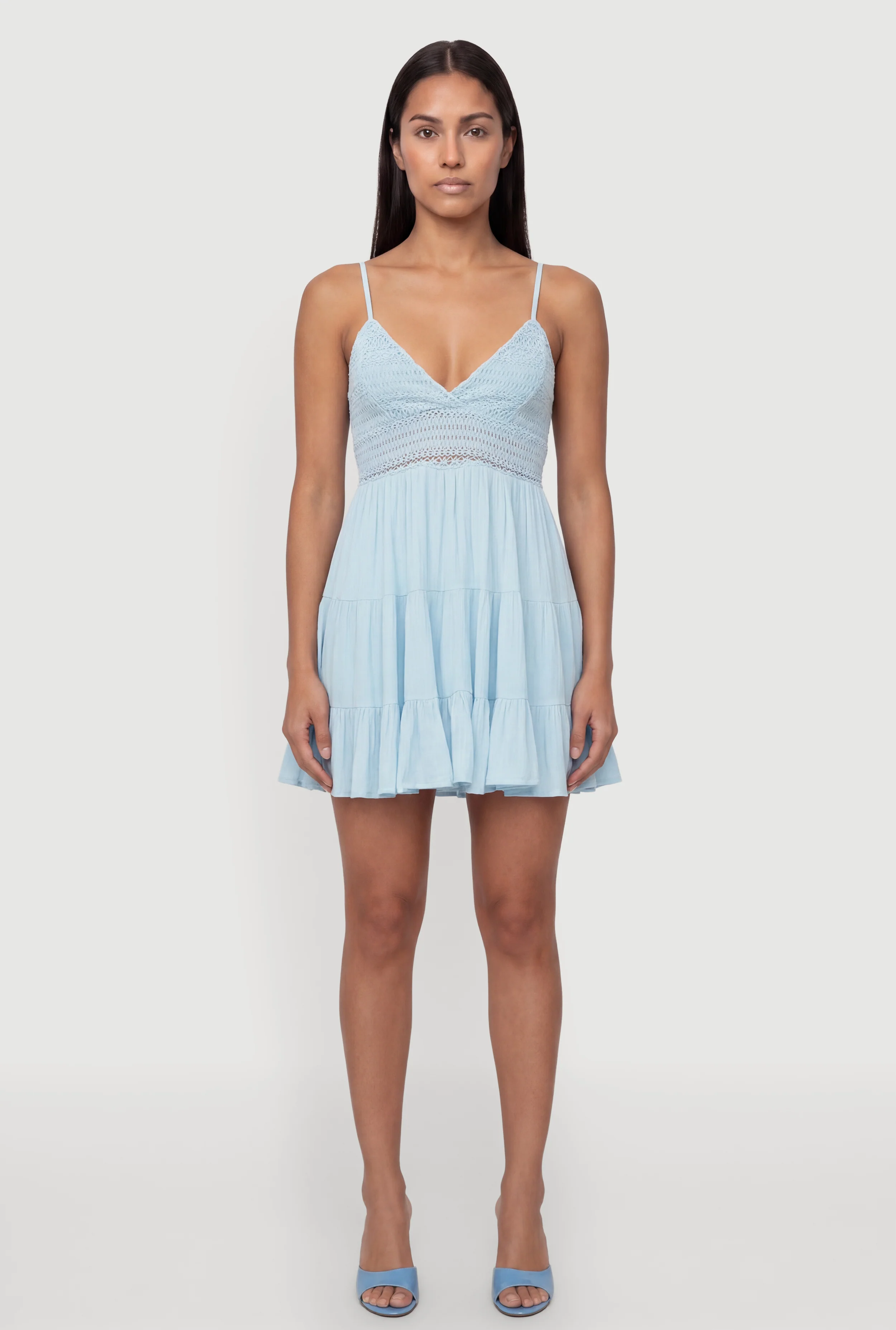 Crochet Detail Tiered Ruffle Trim Dress