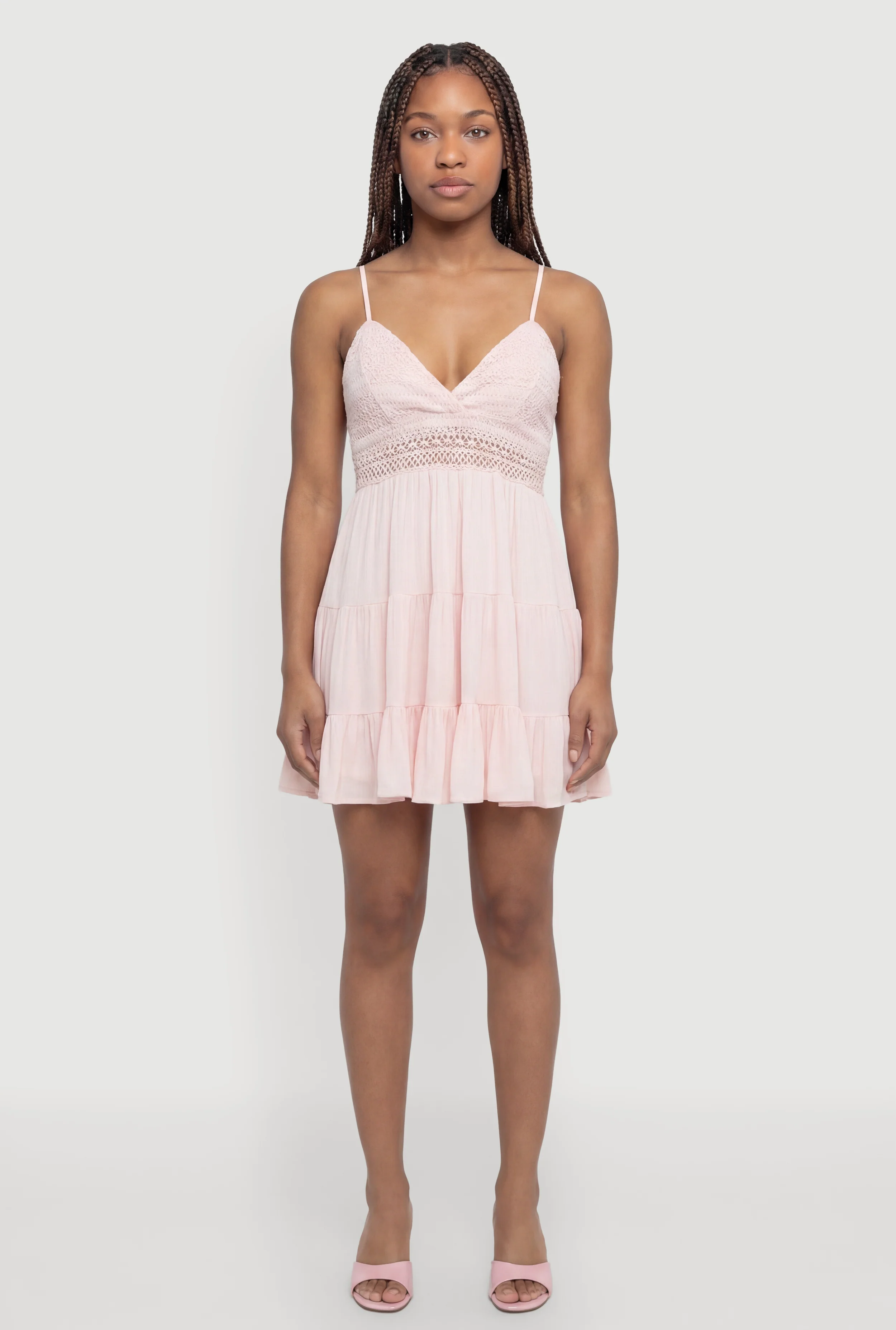 Crochet Detail Tiered Ruffle Trim Dress