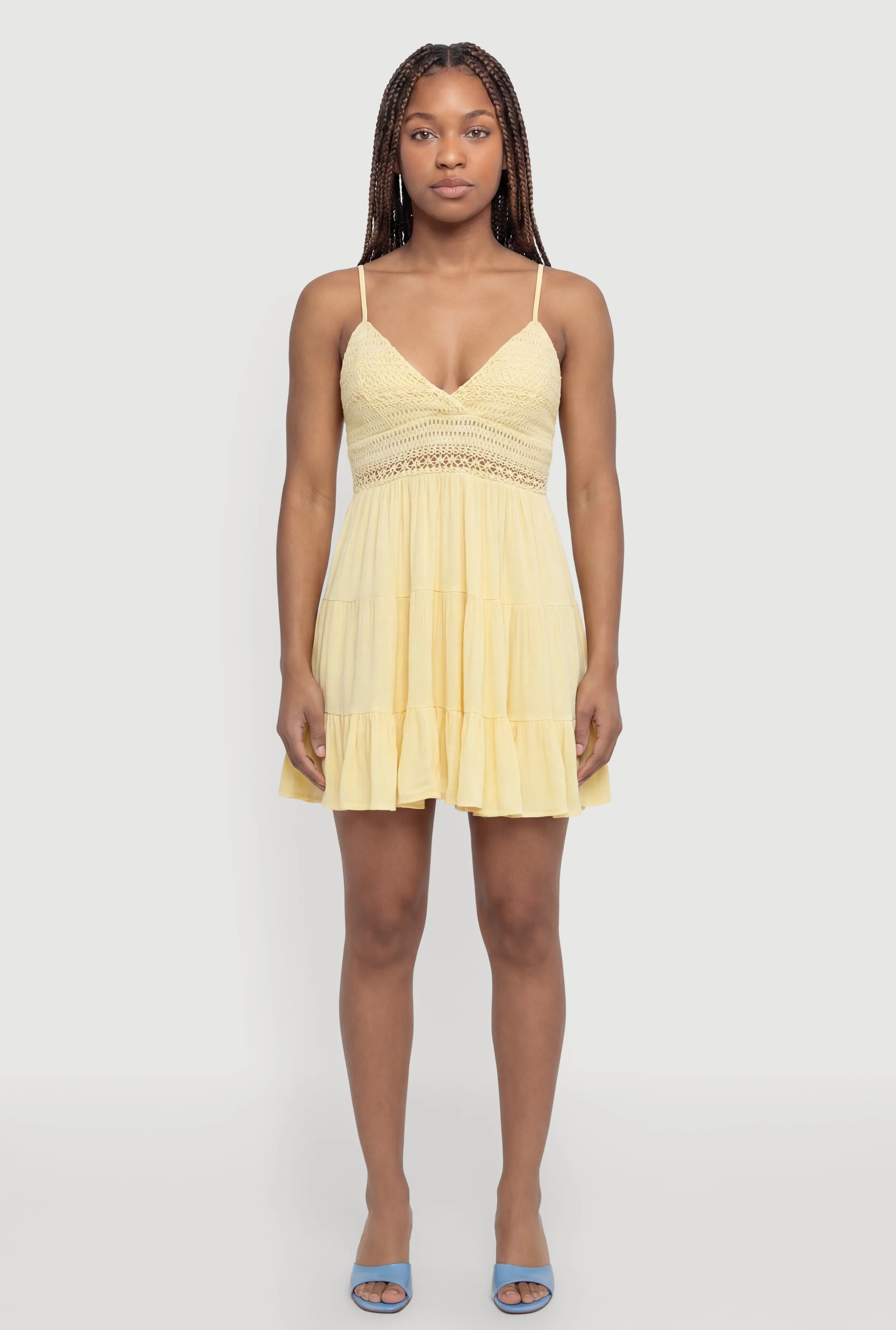Crochet Detail Tiered Ruffle Trim Dress