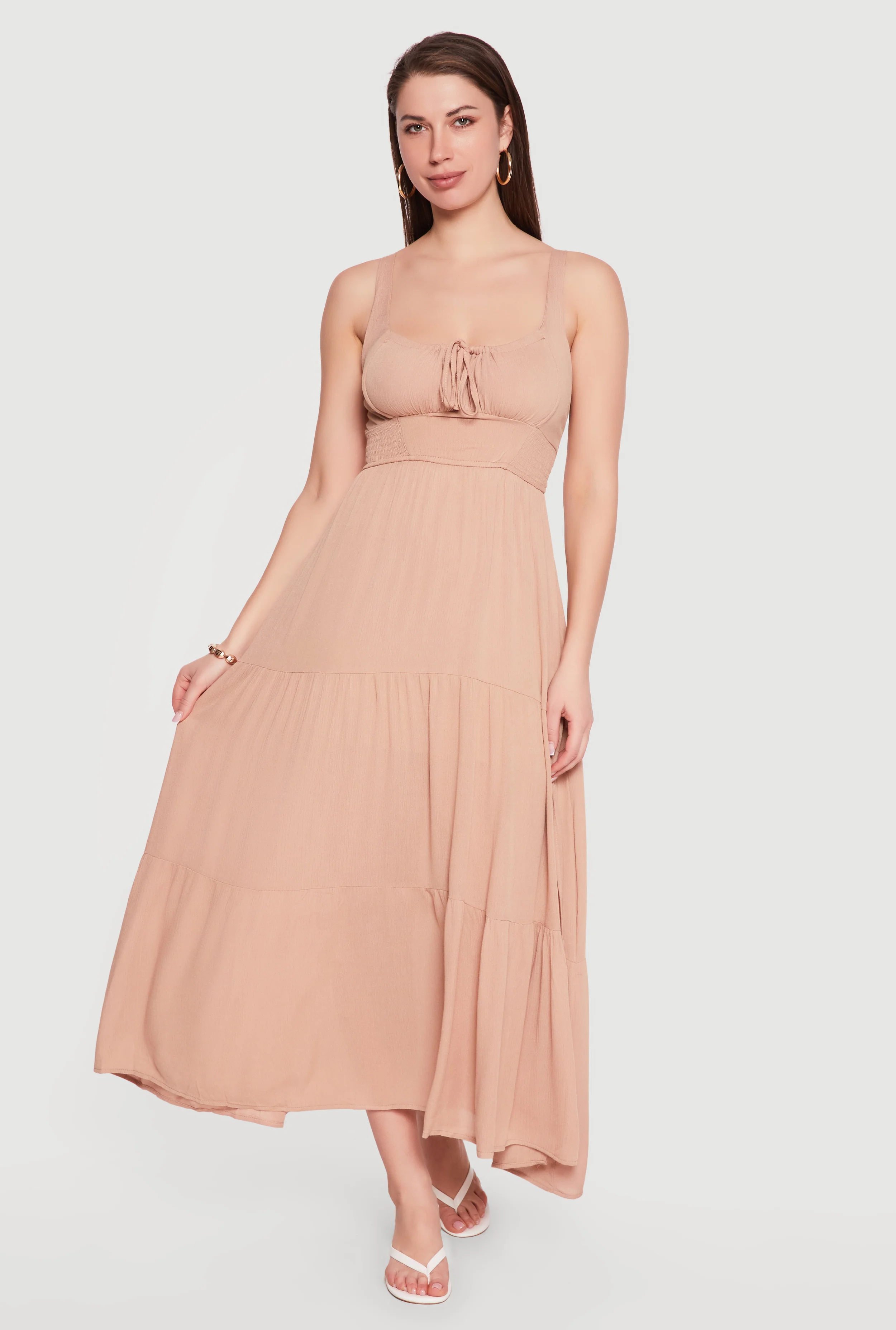 Gauze Knit Keyhole Detail Side Slit Tiered Midi Dress