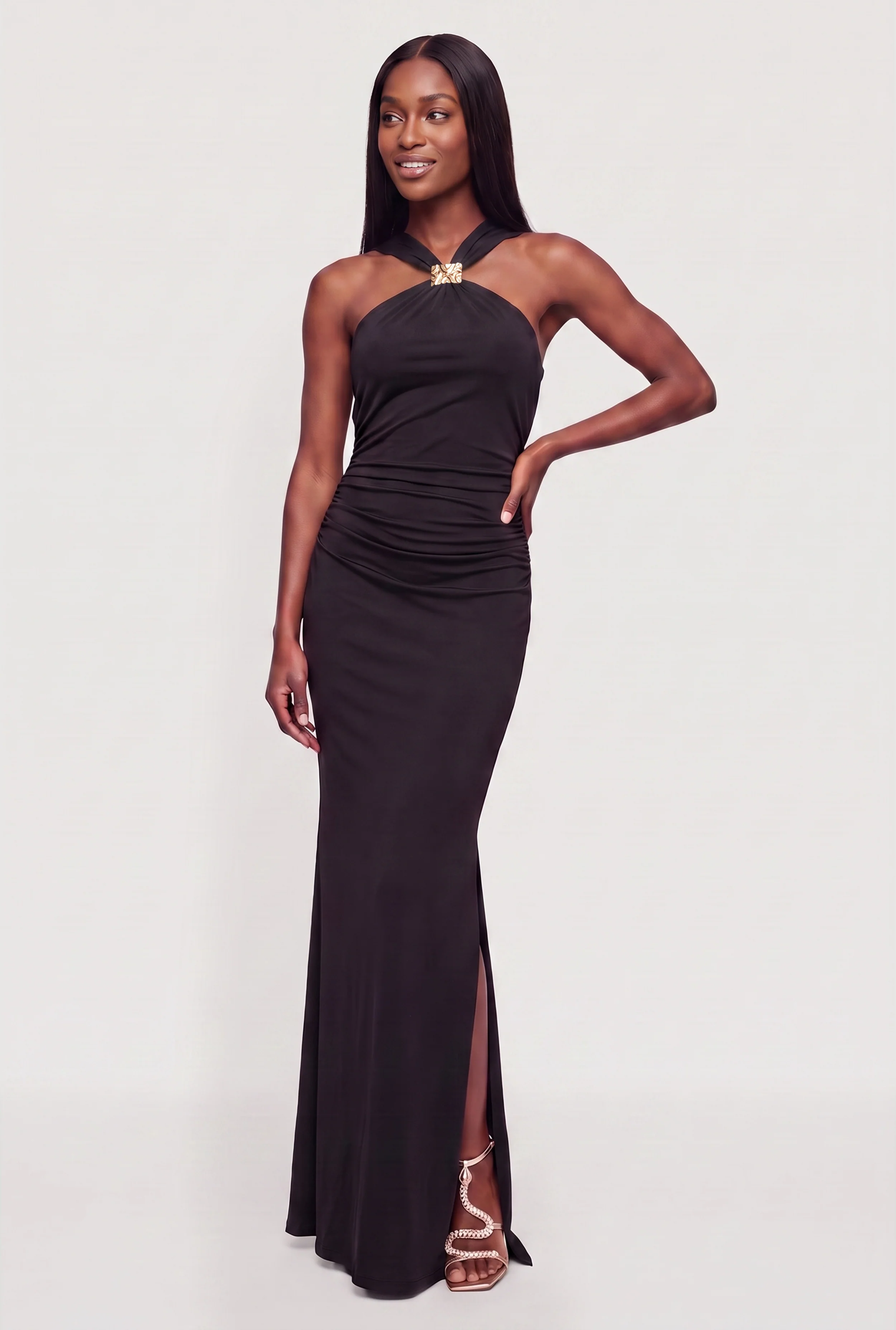 Metallic Pendant Halter Neck Side Ruched Mermaid Dress