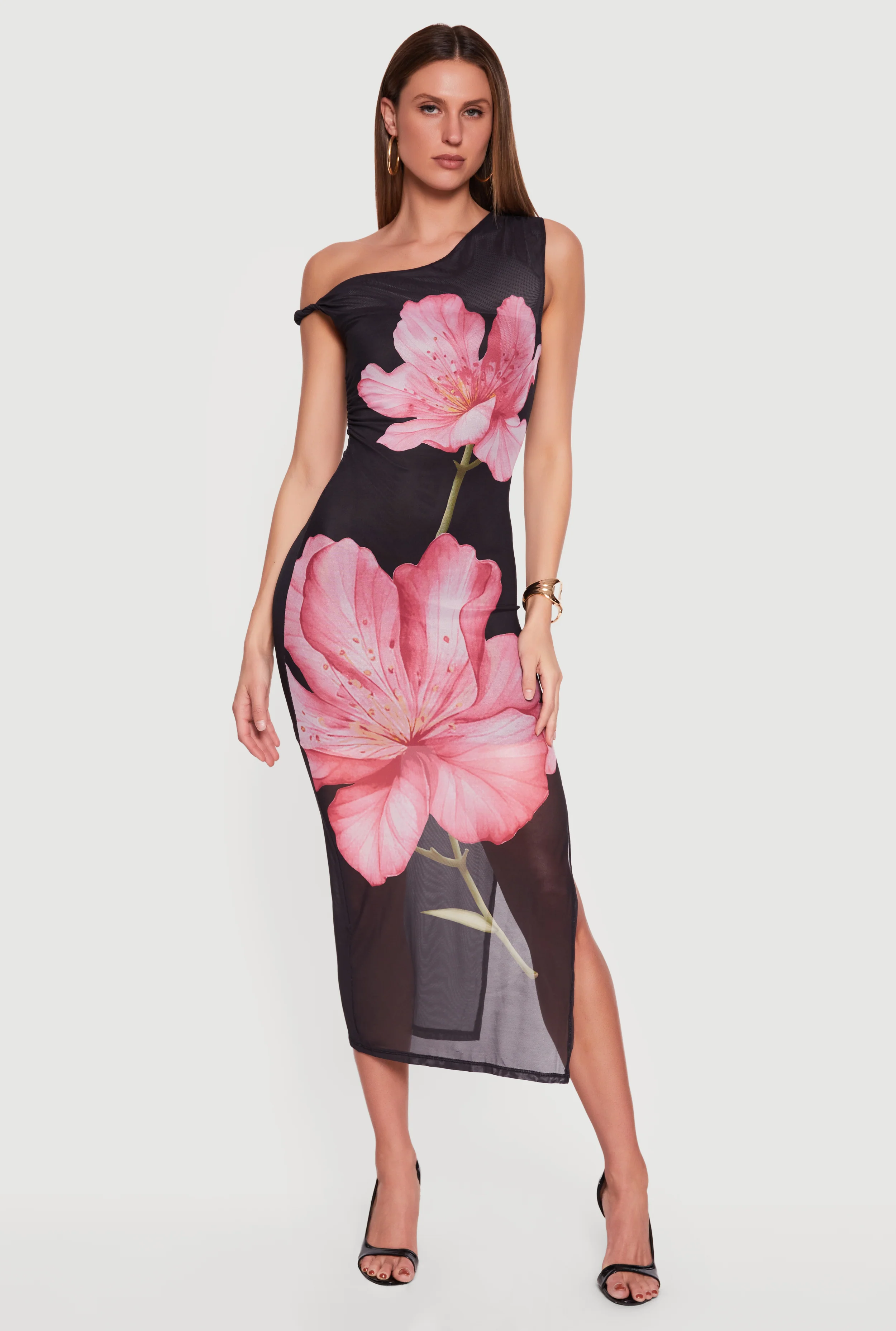 Floral Mesh Sleeveless One Shoulder Dress