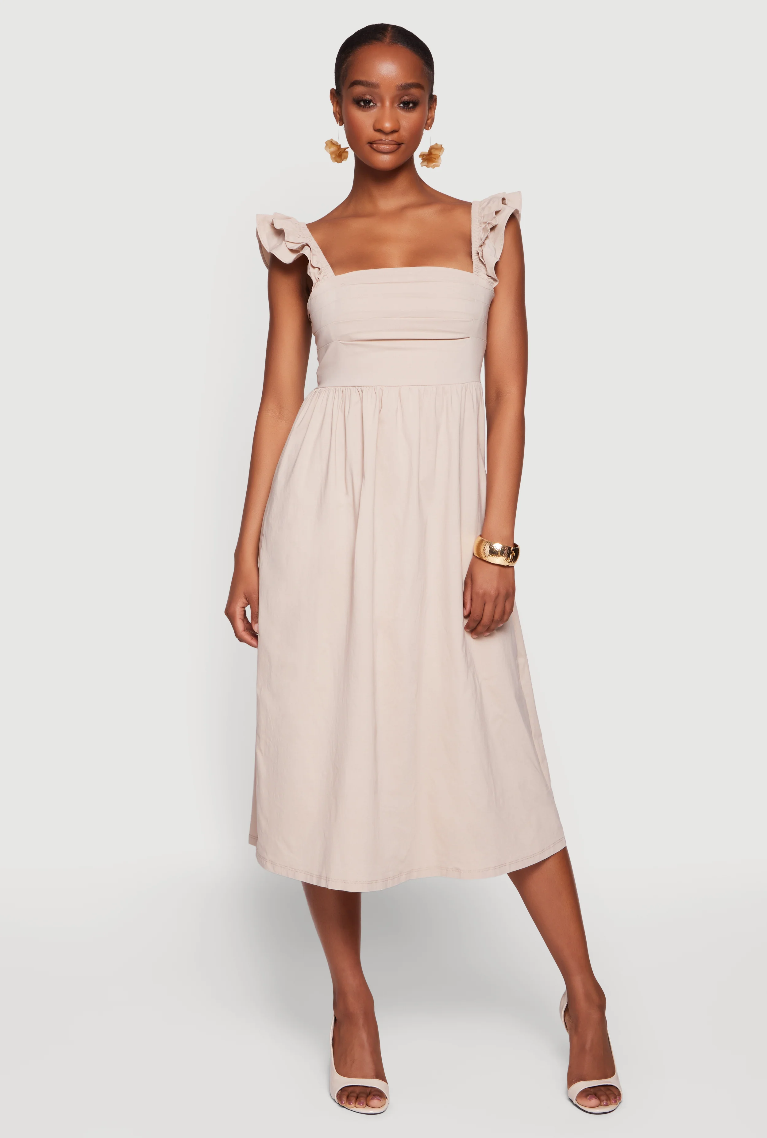 Tiered Ruffle Sleeve Lace Up Back Midi Dress