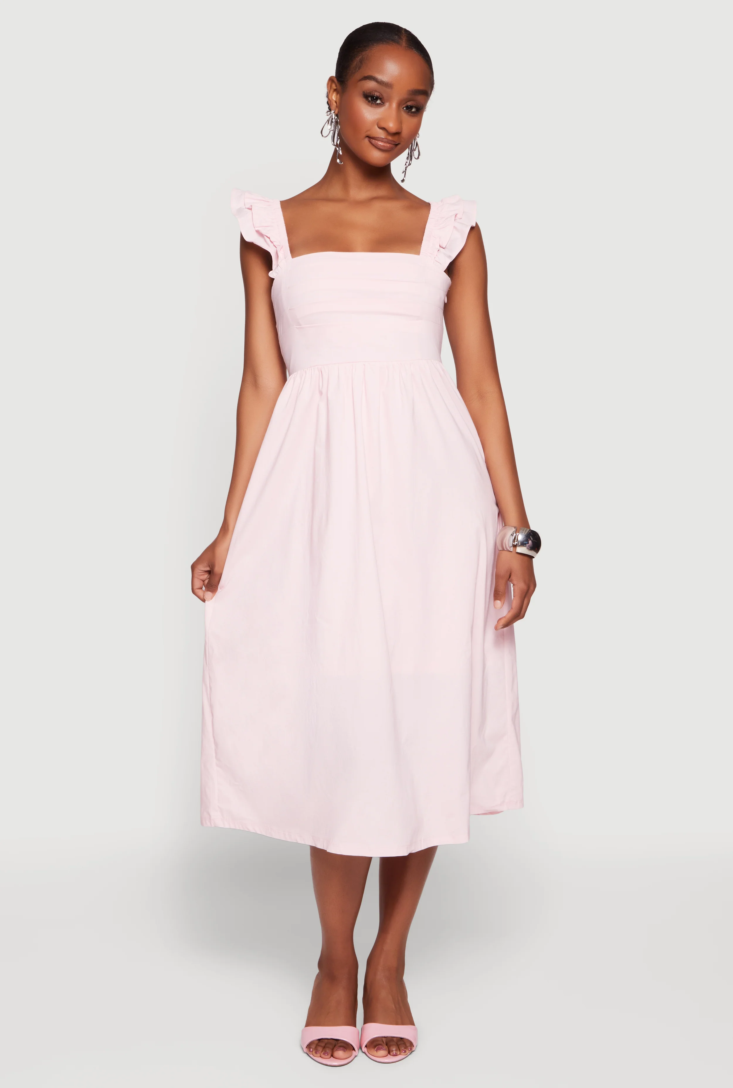 Tiered Ruffle Sleeve Lace Up Back Midi Dress