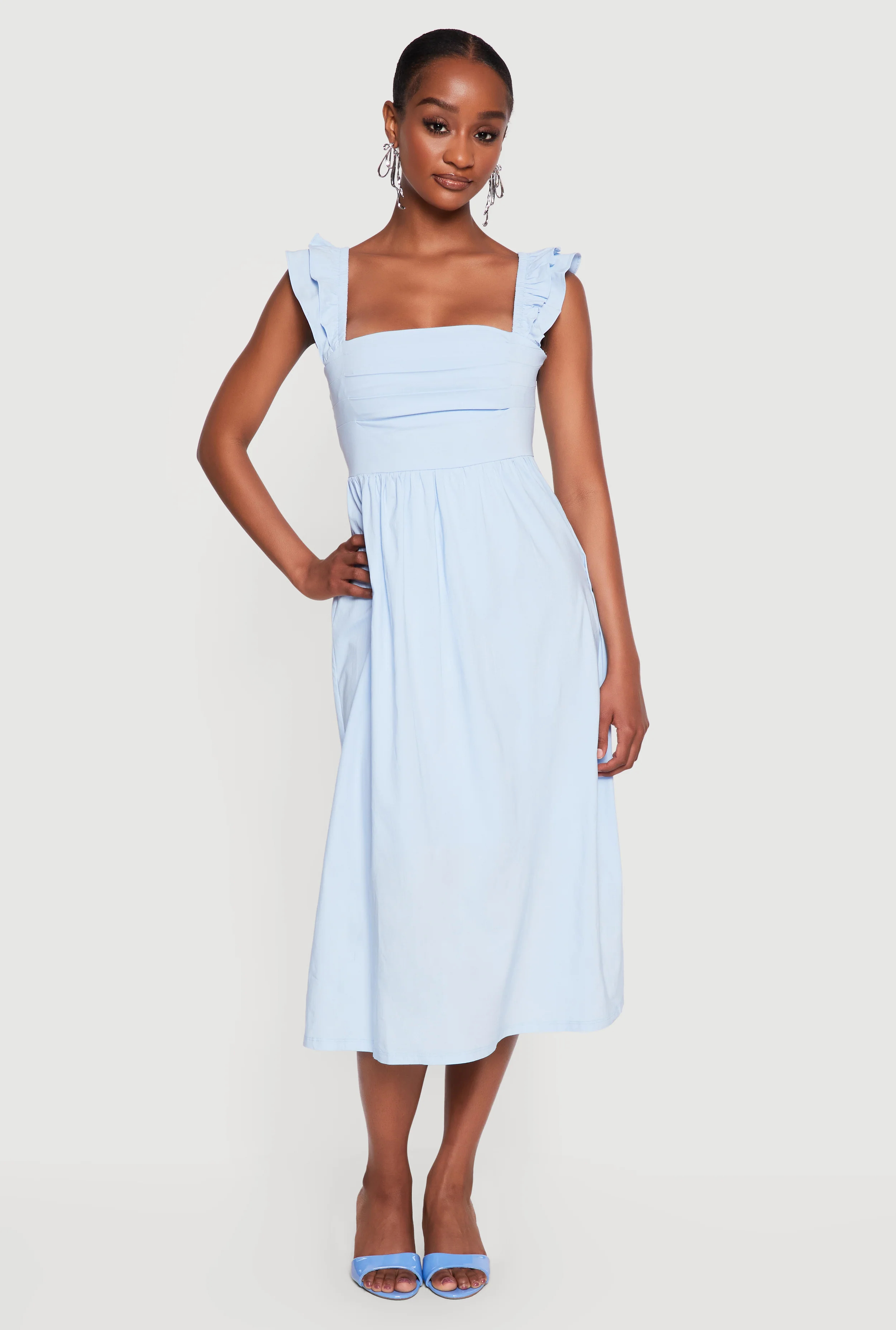 Tiered Ruffle Sleeve Lace Up Back Midi Dress