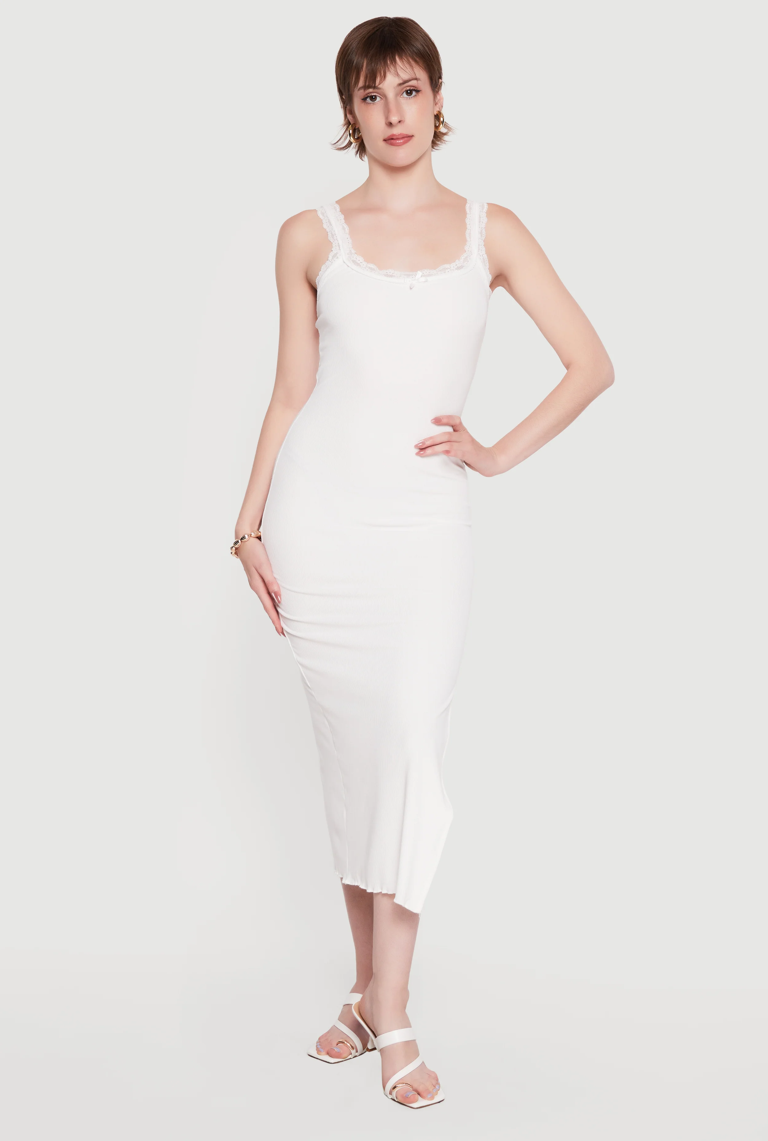 Lace Trim Ribbed Knit Midi Dress with Side Slit