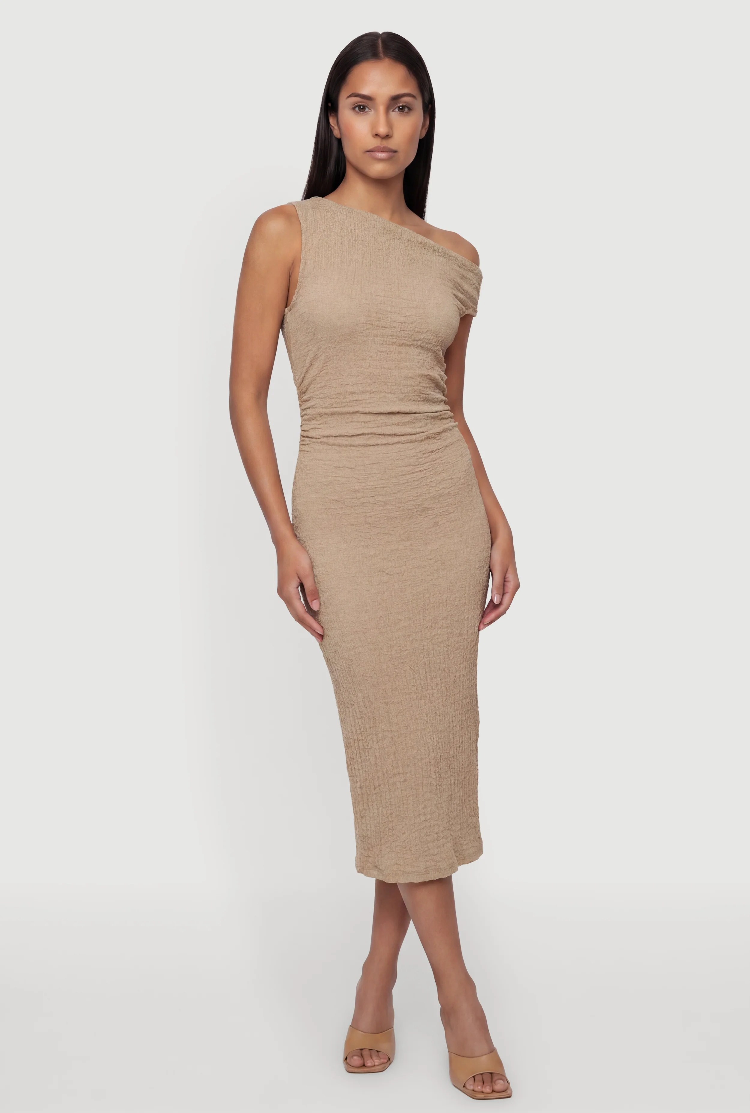 Textured Knit Sleeveless One Shoulder Midi Dress