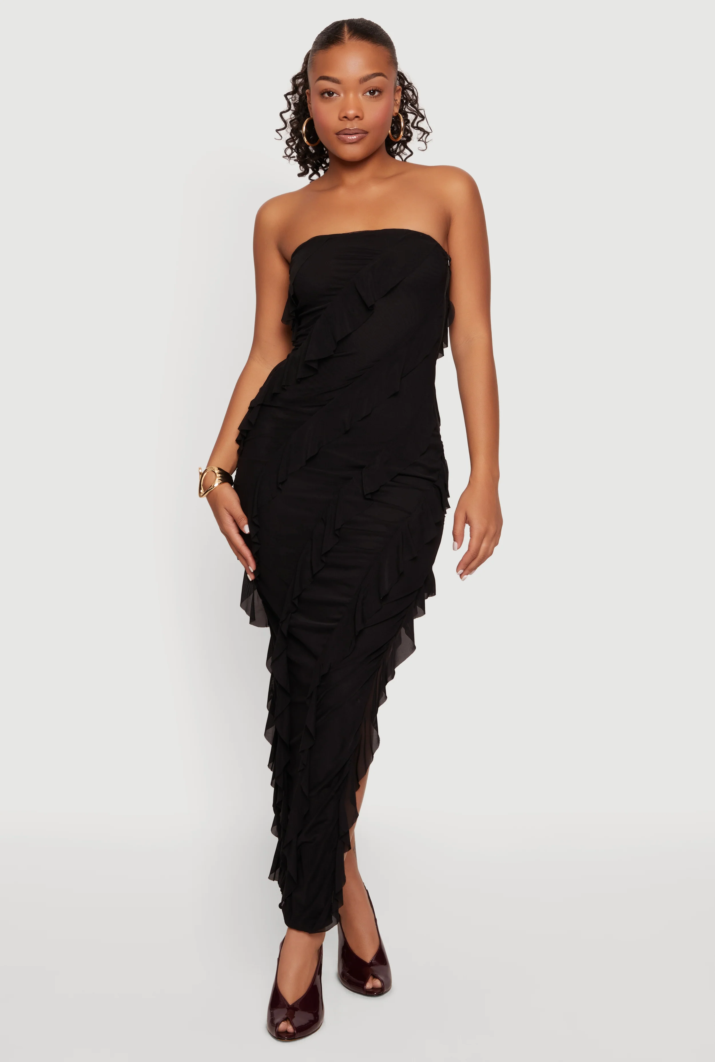 Ruffle Detail Side Slit Tube Maxi Dress