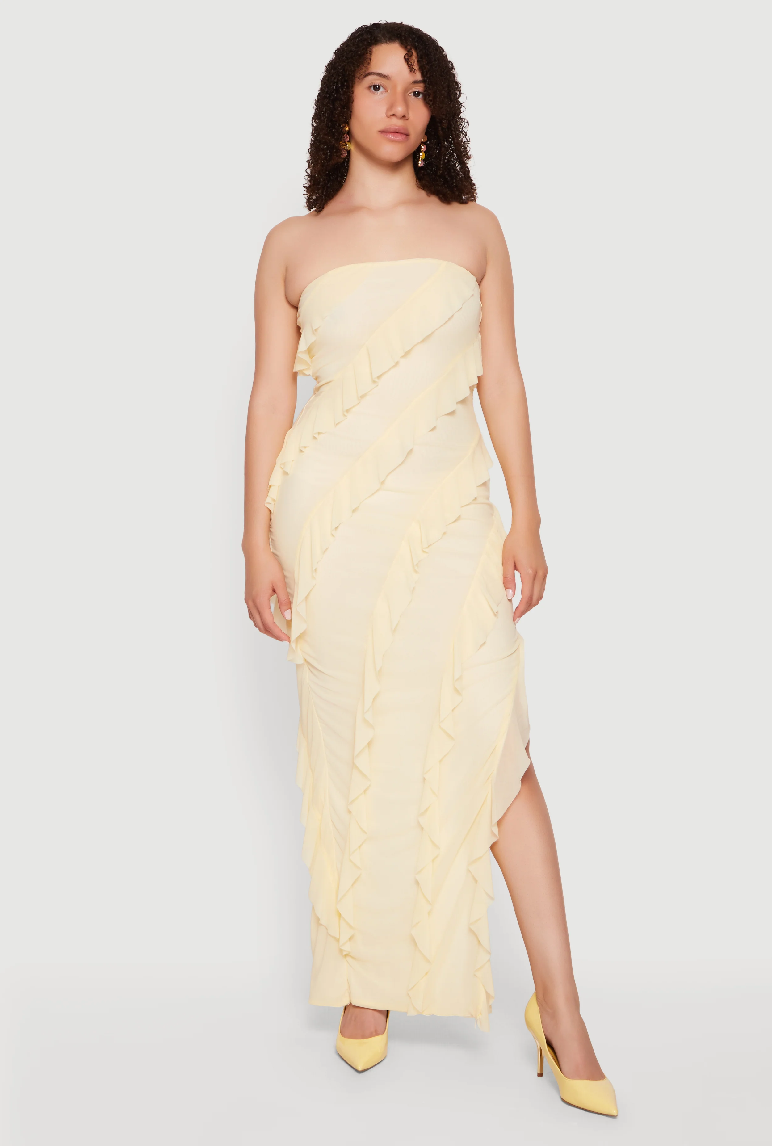 Ruffle Detail Side Slit Tube Maxi Dress
