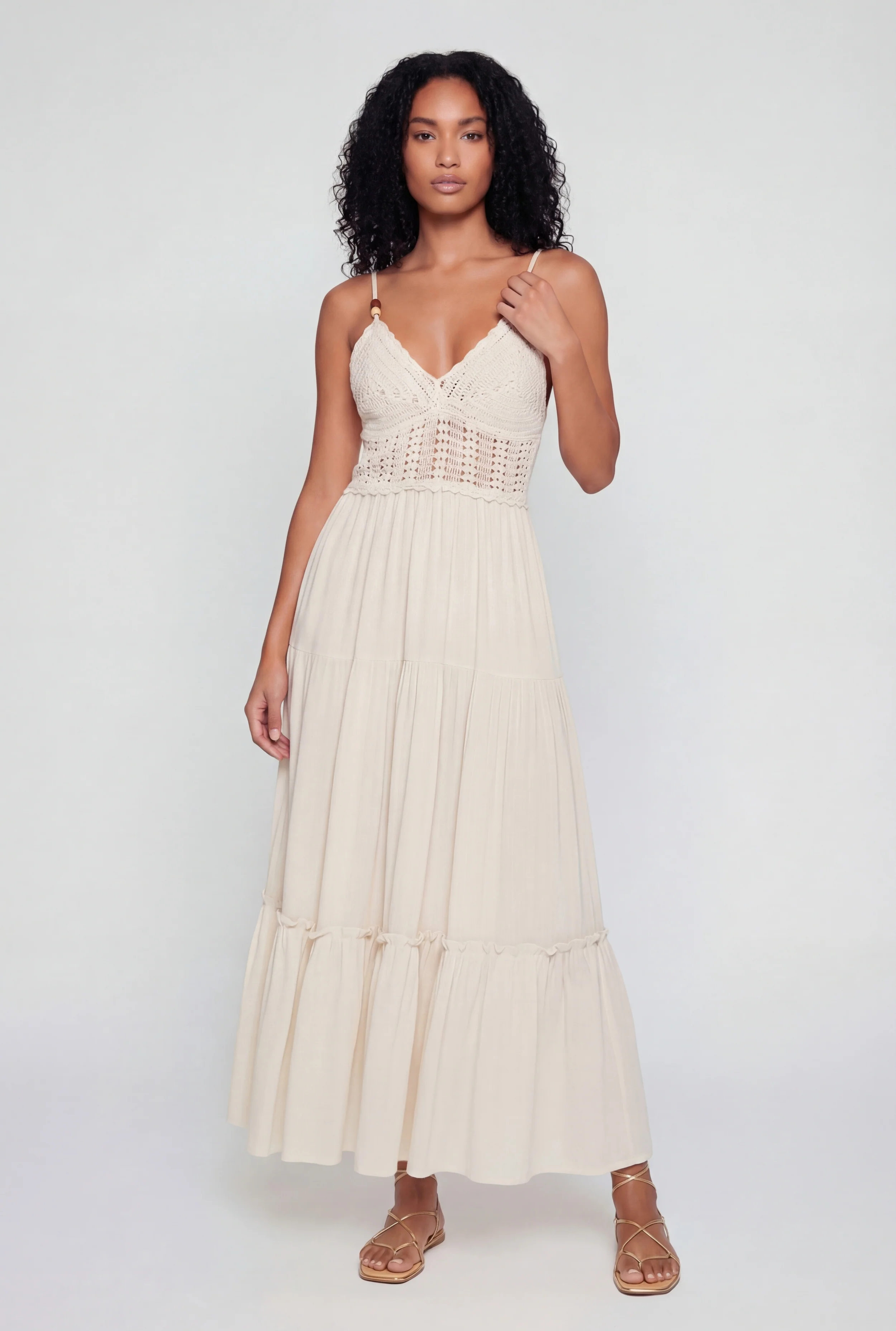 Beaded Crochet Detail Tiered Midi Dress