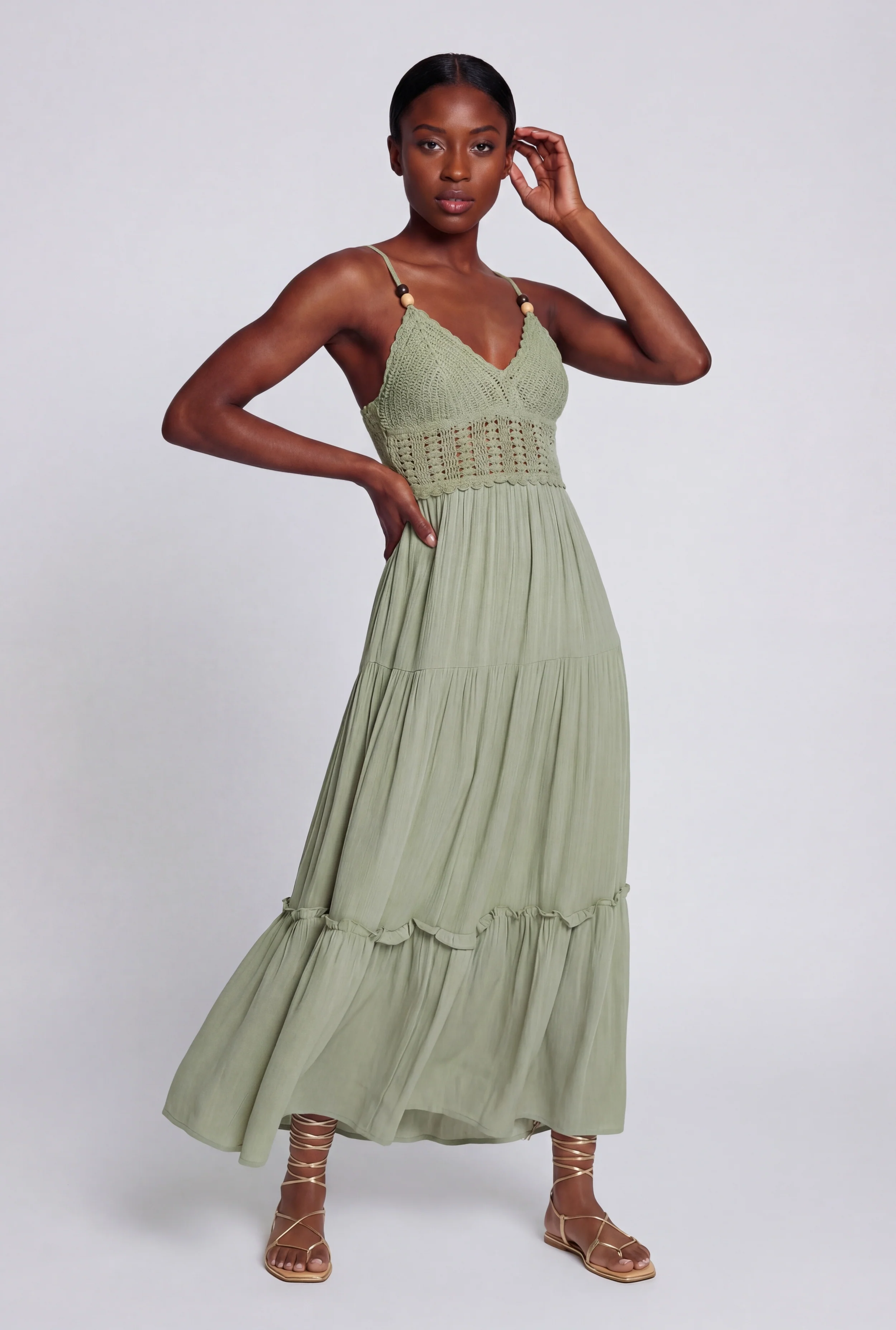 Beaded Crochet Detail Tiered Midi Dress