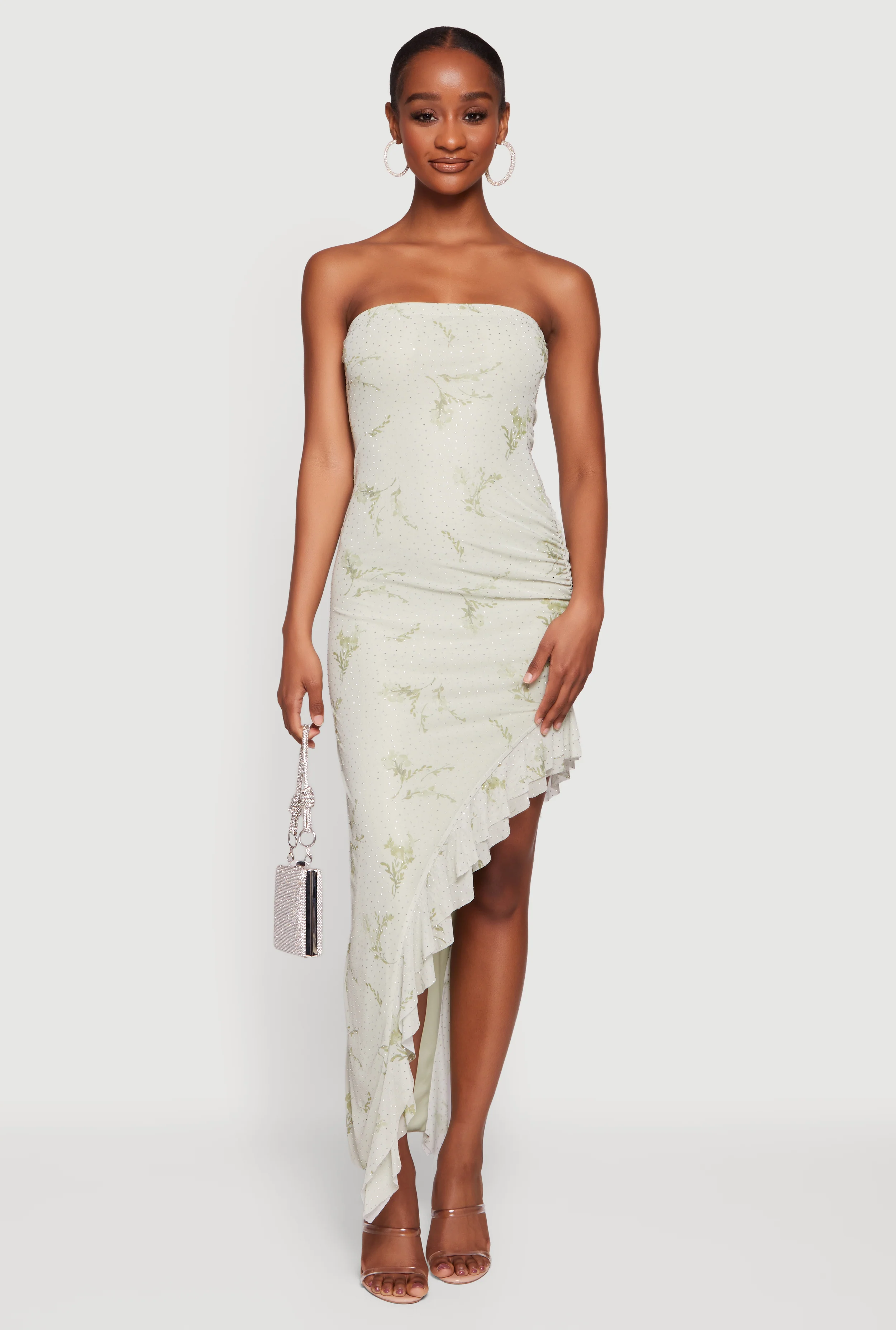 Rhinestone Floral Mesh Ruffle Trim Asymmetrical Dress