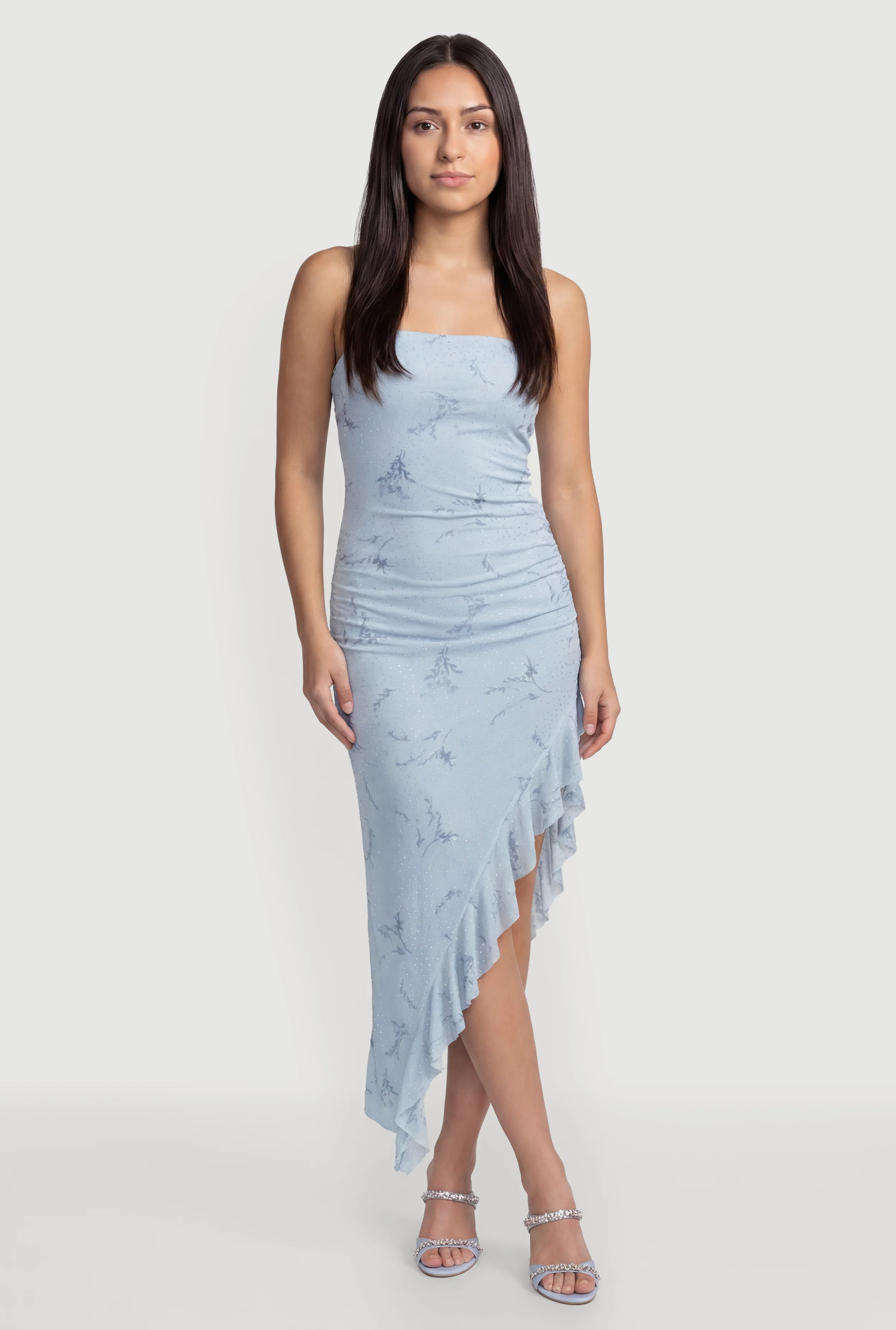 Rhinestone Floral Mesh Ruffle Trim Asymmetrical Dress