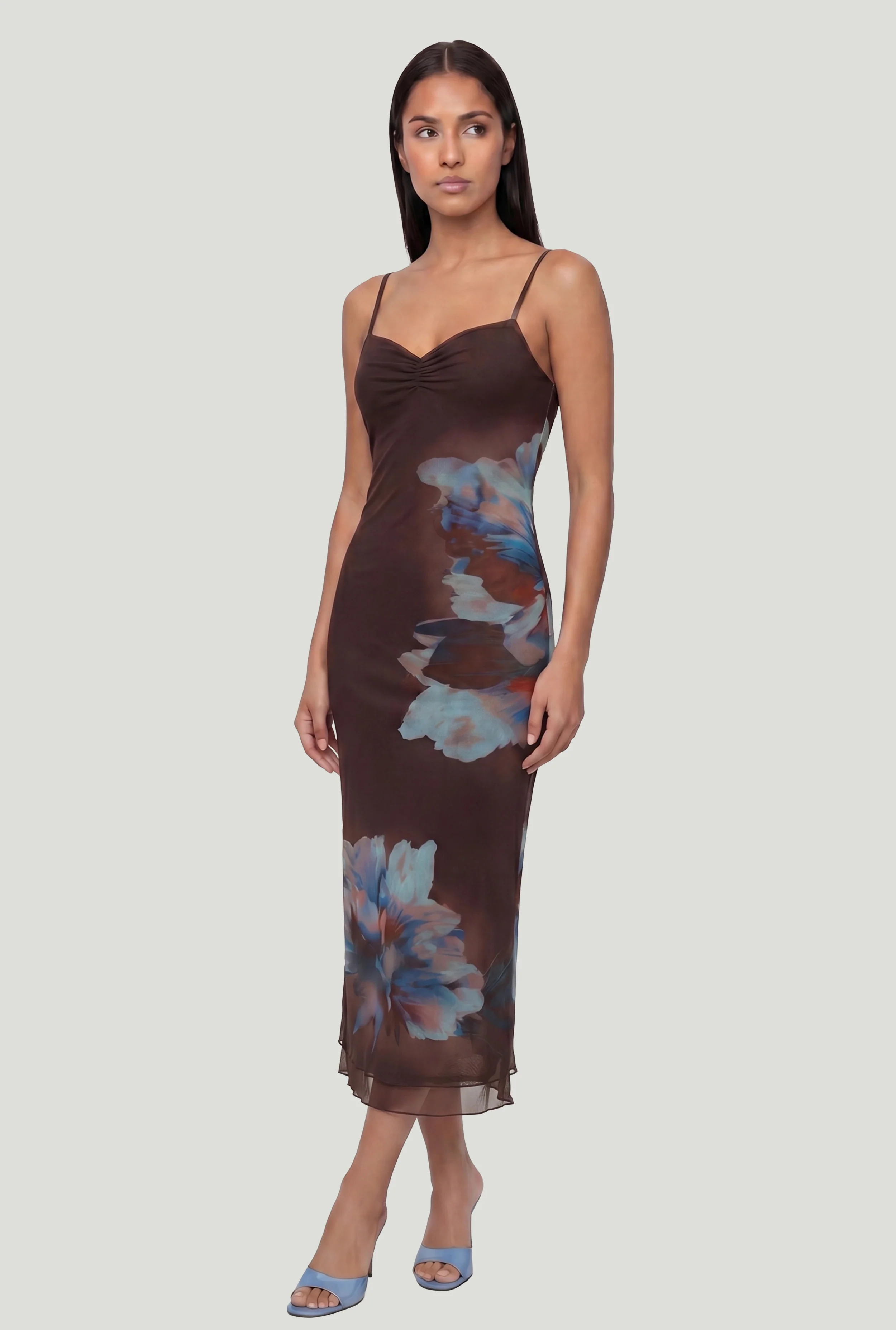 Floral Mesh Overlay Midi Dress