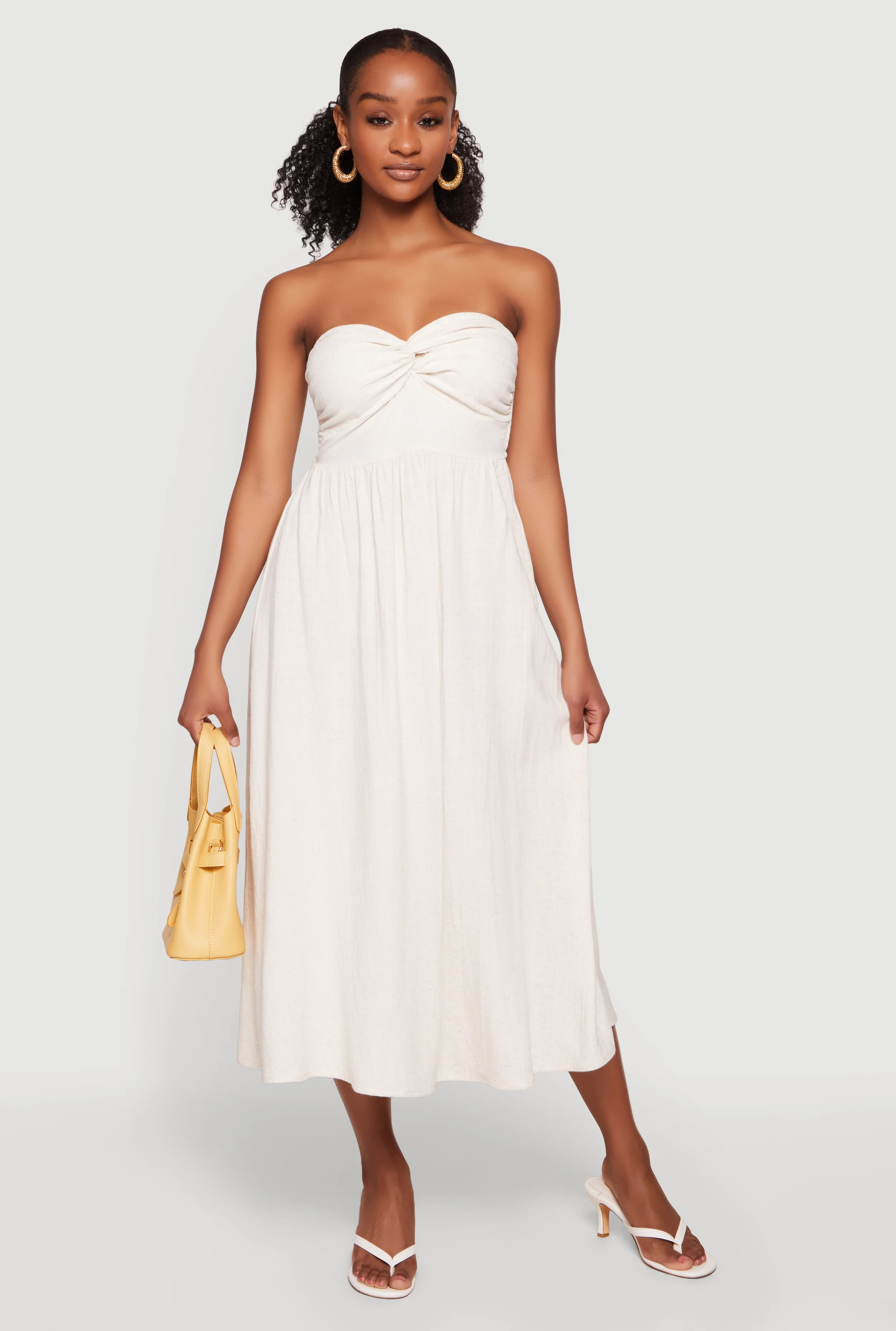 Twist Front Strapless Midi Dress