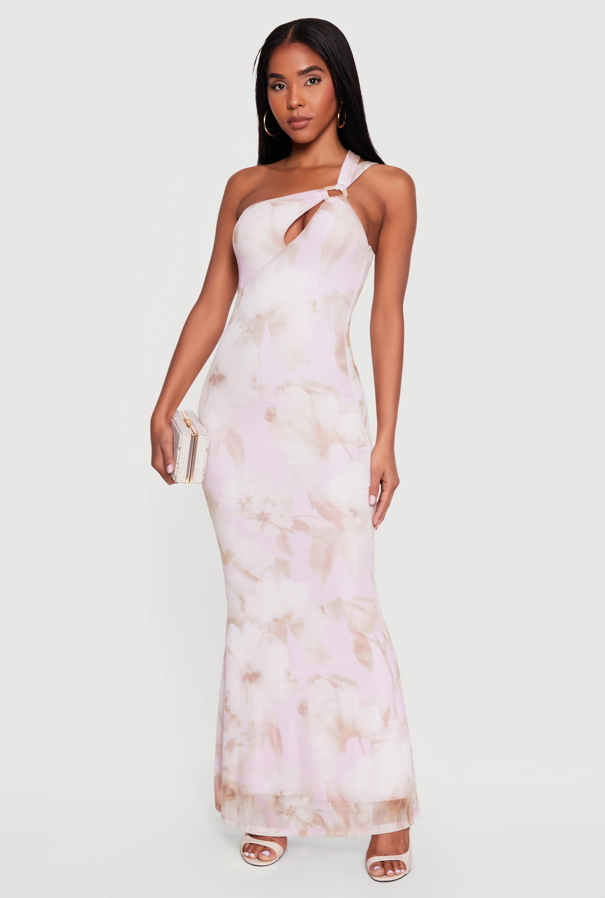 O Ring Cutout Floral One Shoulder Maxi Dress