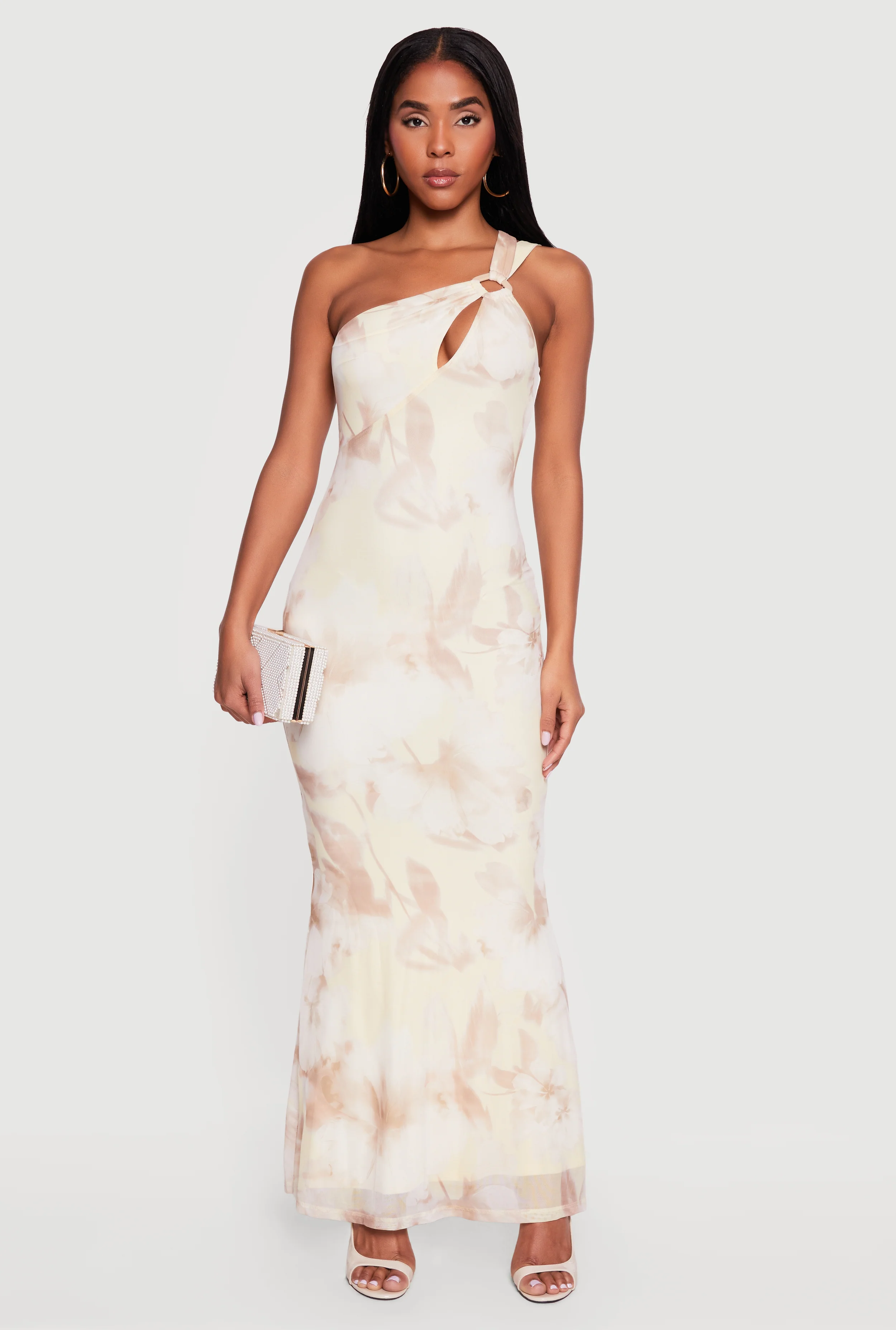 O Ring Cutout Floral One Shoulder Maxi Dress