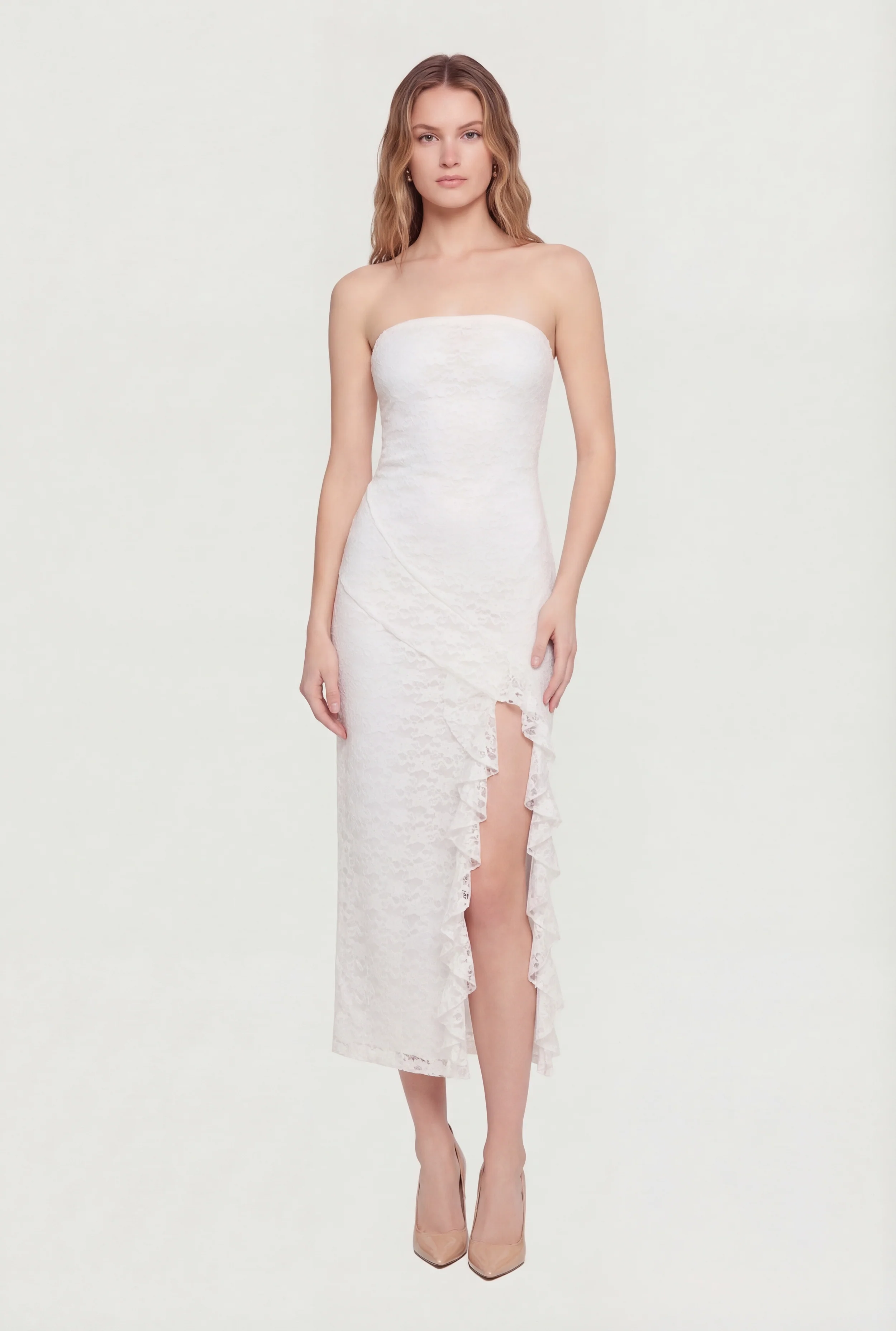 Ruffle Trim Side Slit Lace Overlay Midi Dress