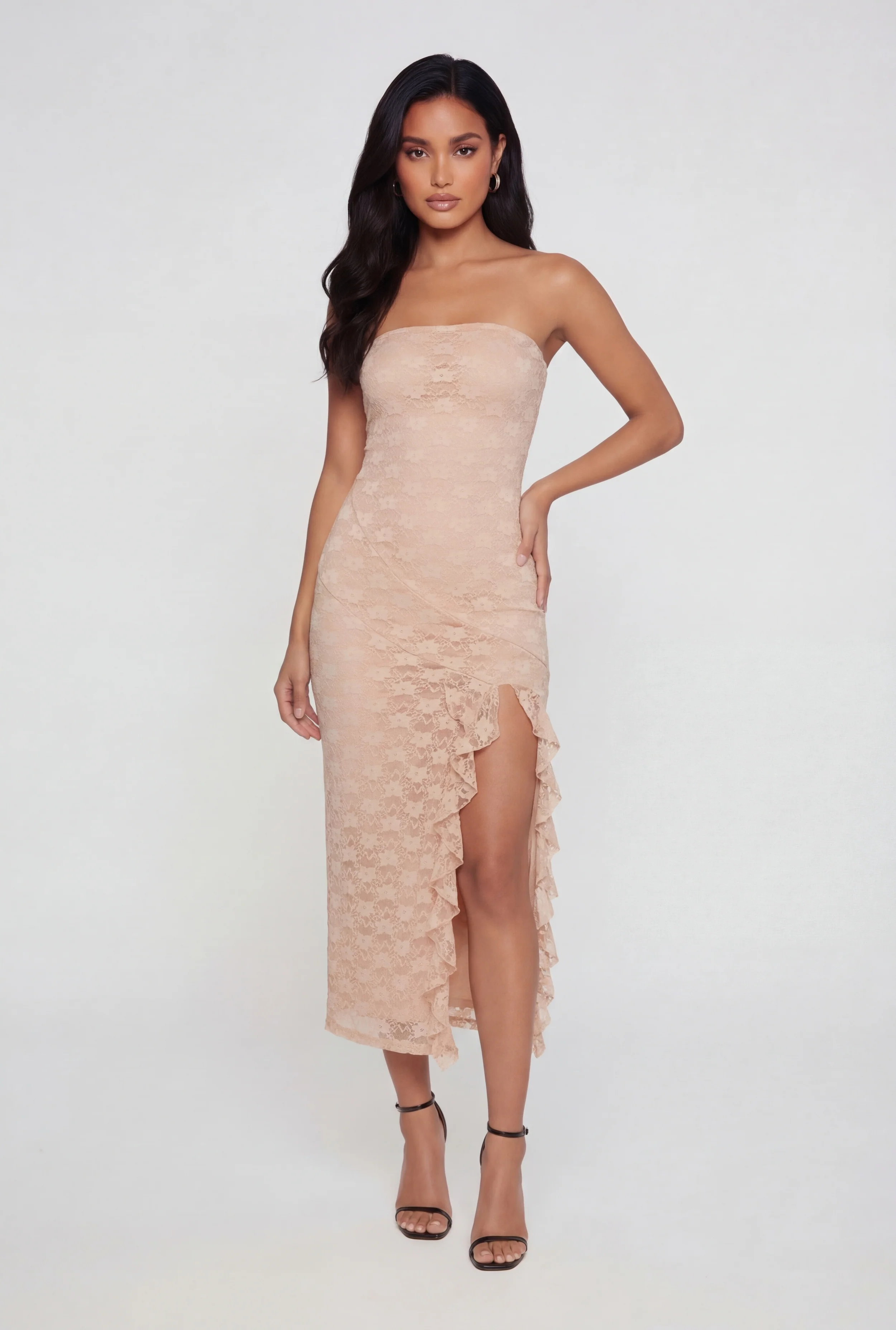 Ruffle Trim Side Slit Lace Overlay Midi Dress
