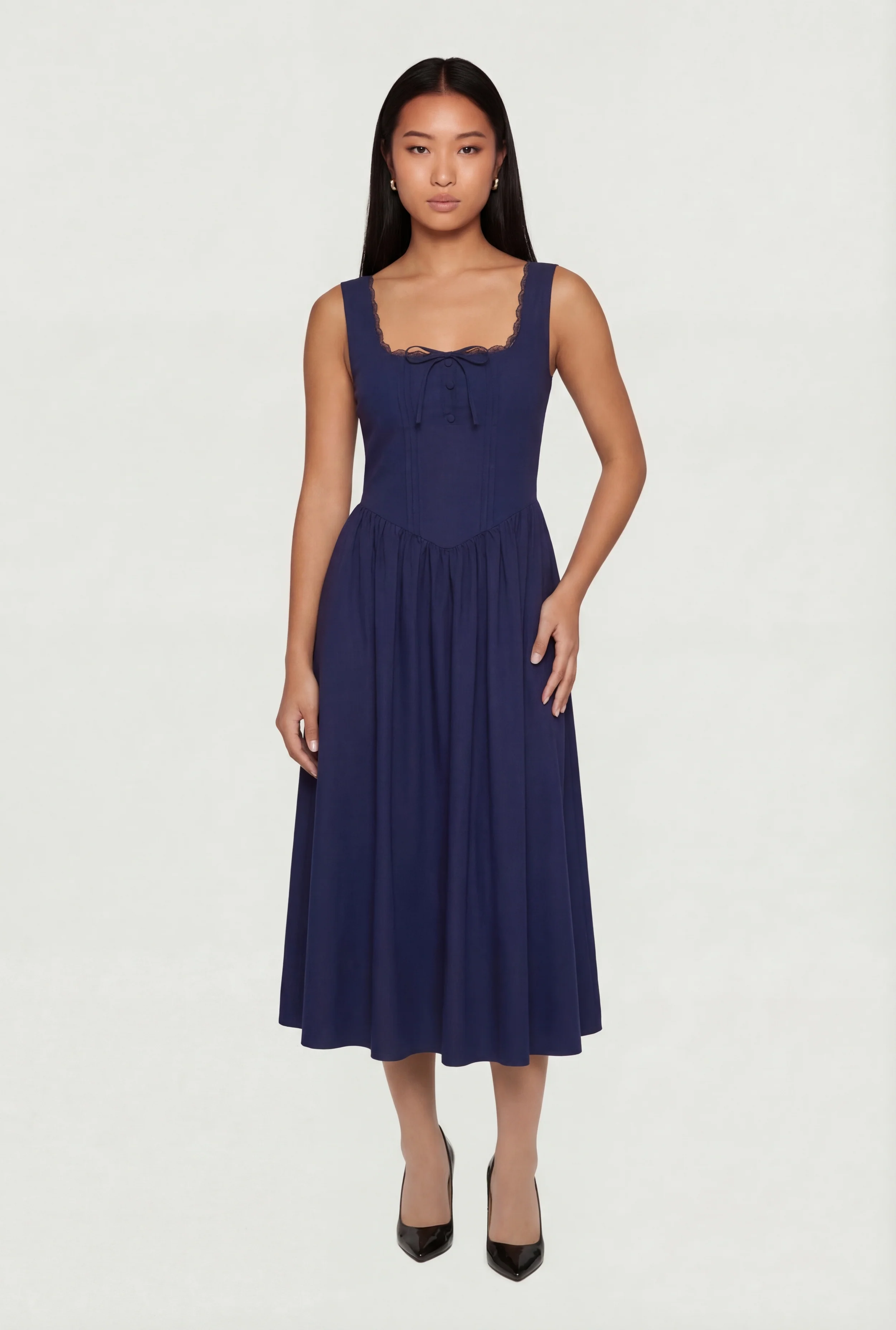 Lace Trim Lace Up Detail Midi Skater Dress