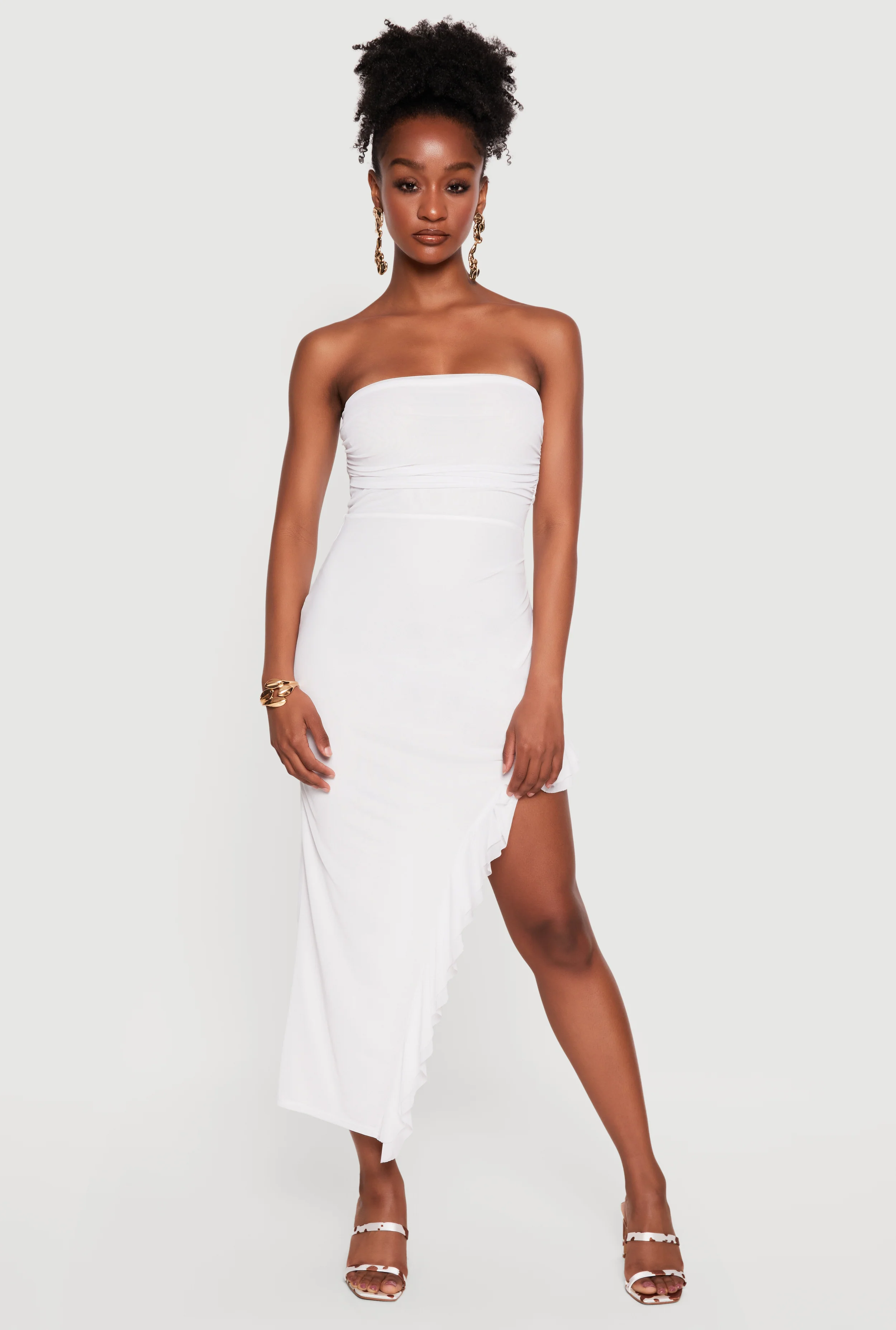 Ruffle Hem Side Slit Mesh Midi Dress