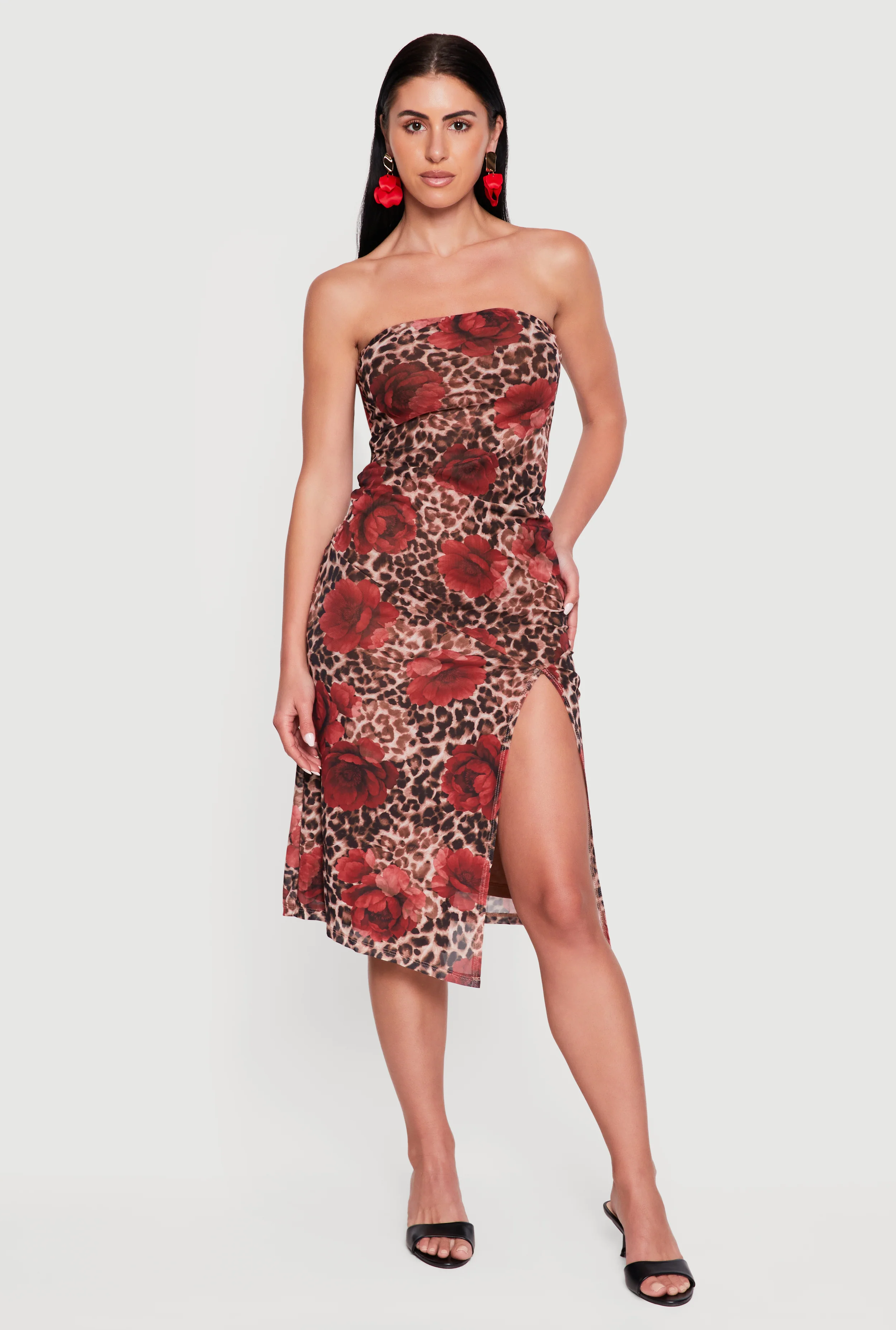 Floral Animal Print Side Slit Tube Midi Dress