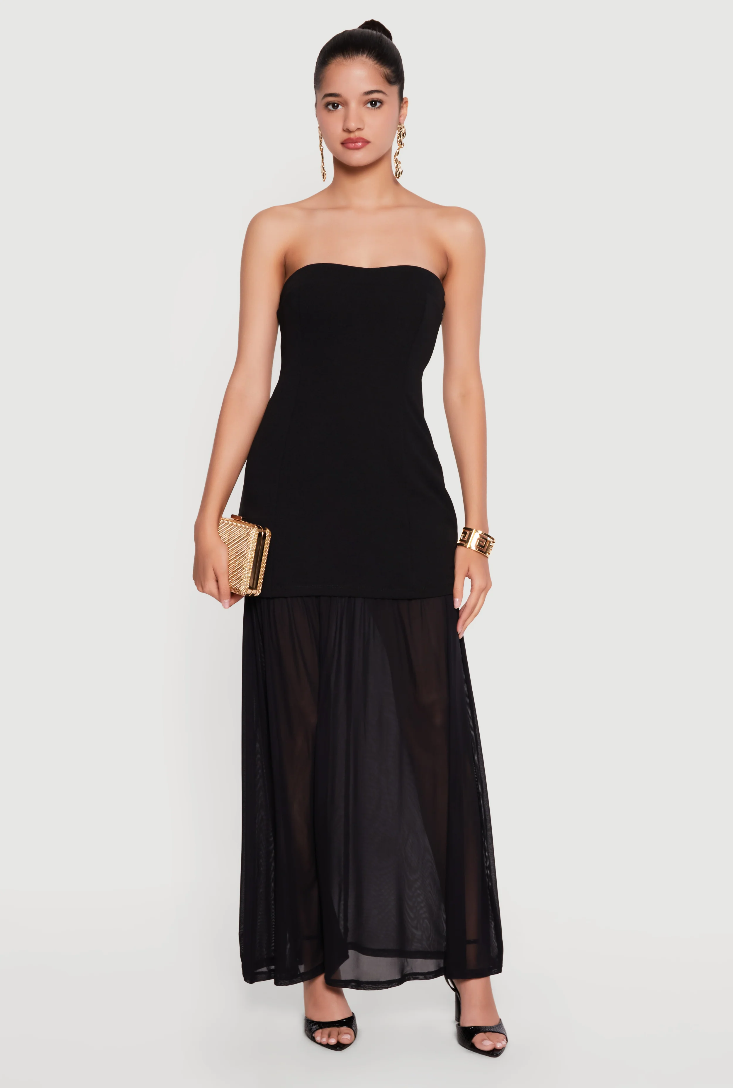 Layered Look Pintuck Detail Mesh Hem Dress