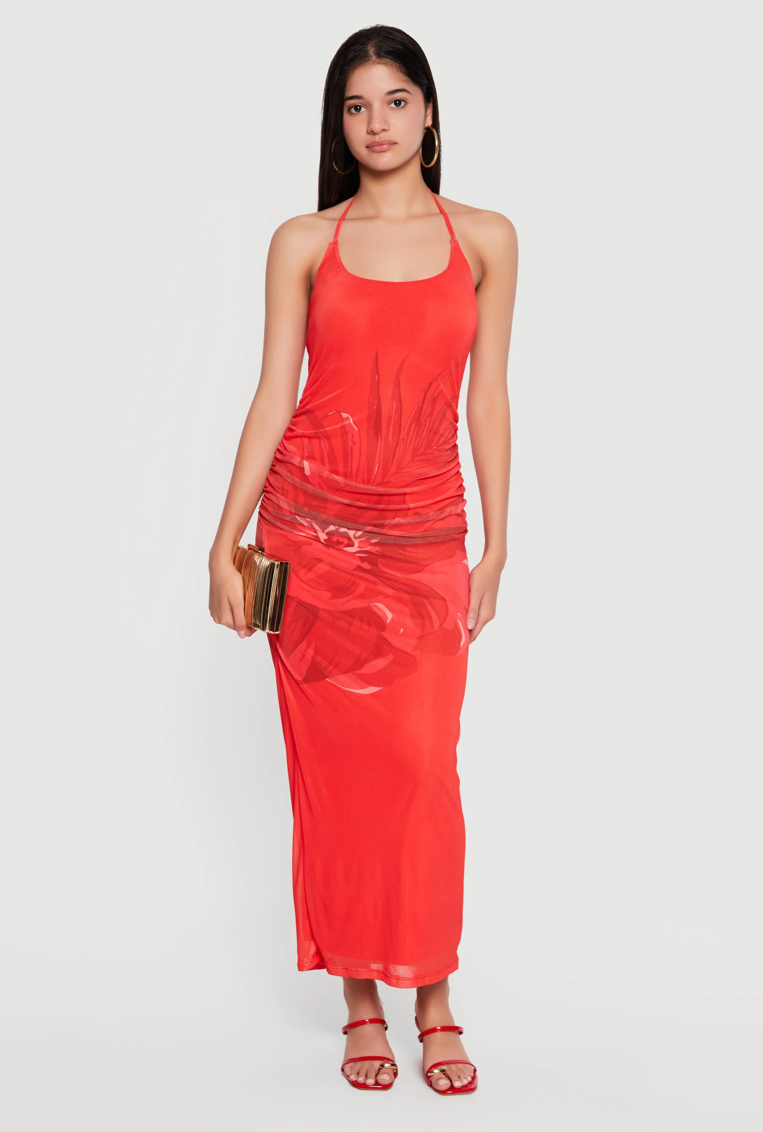 Floral Print Mesh Overlay Tie Back Halter Dress