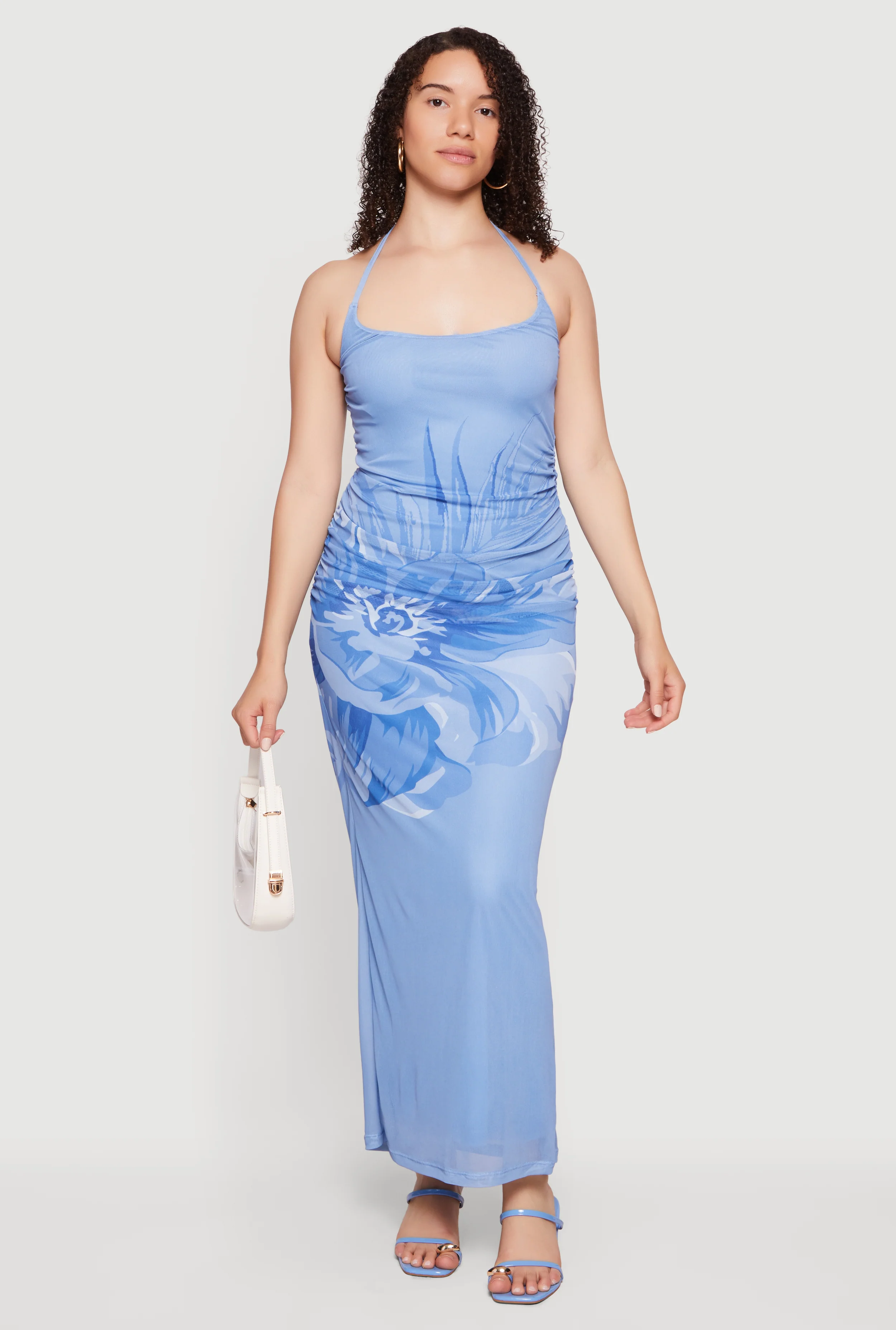 Floral Print Mesh Overlay Tie Back Halter Dress