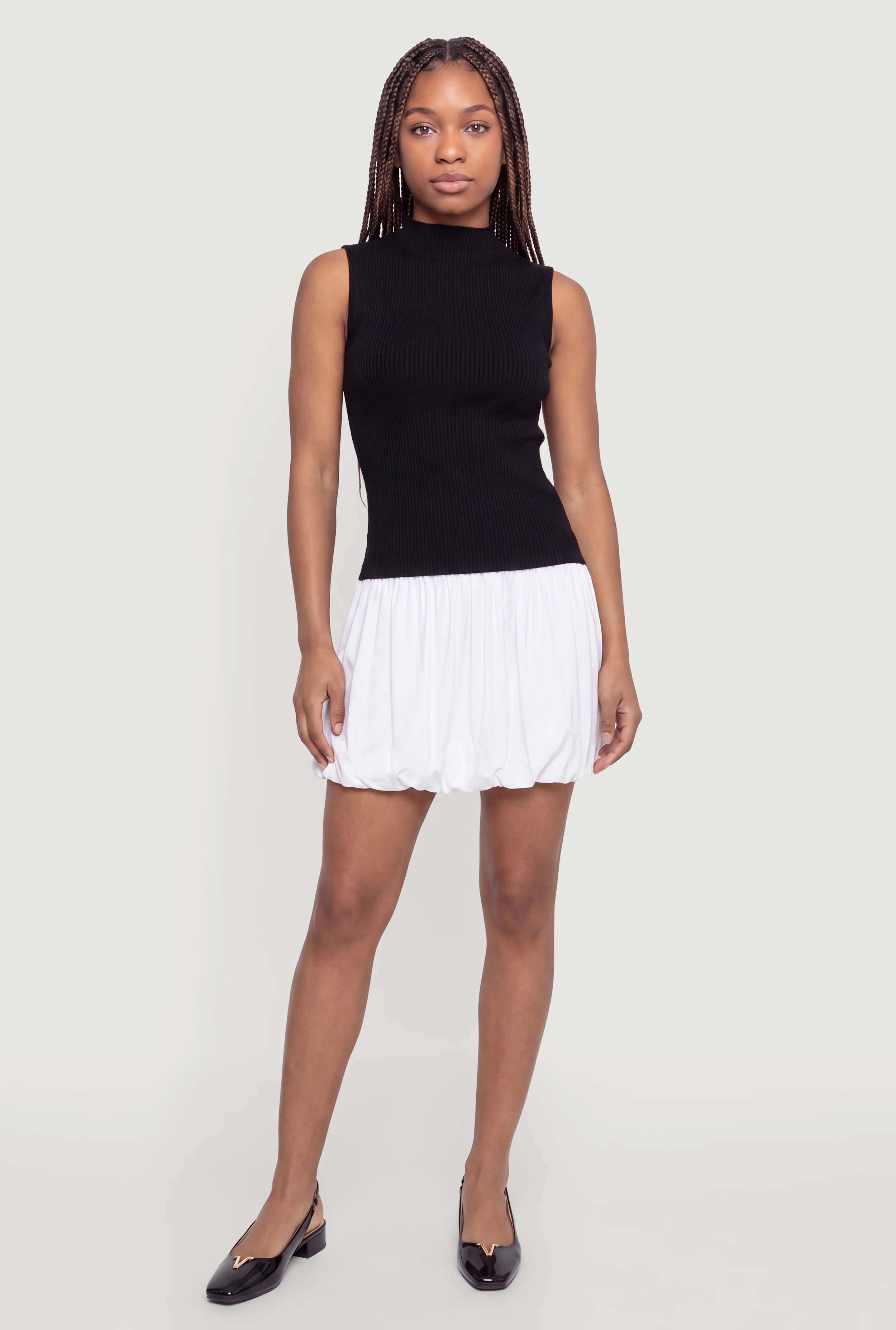 Sleeveless Color Blocked Ribbed Knit Bubble Hem Dress