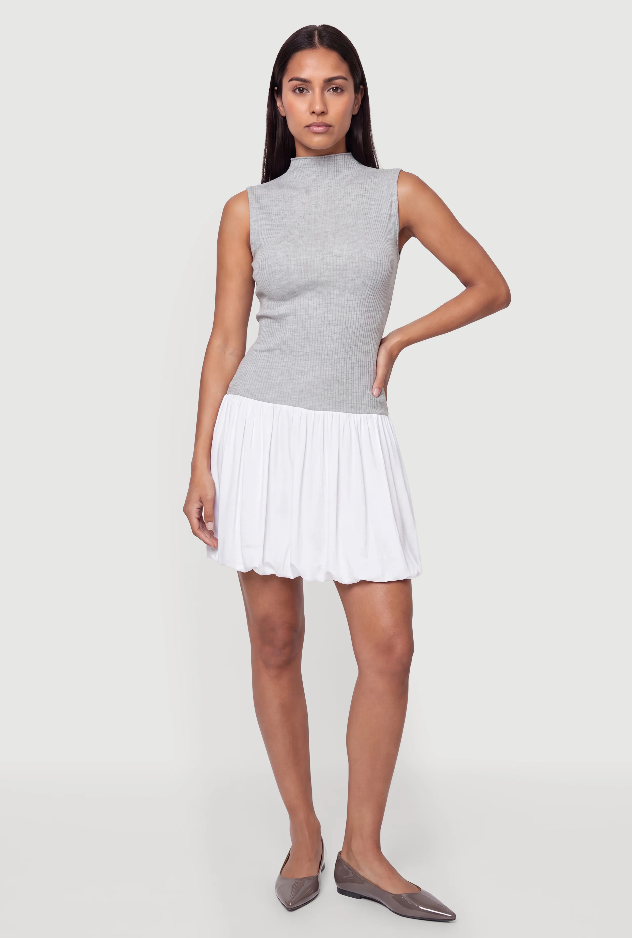 Sleeveless Color Blocked Ribbed Knit Bubble Hem Dress