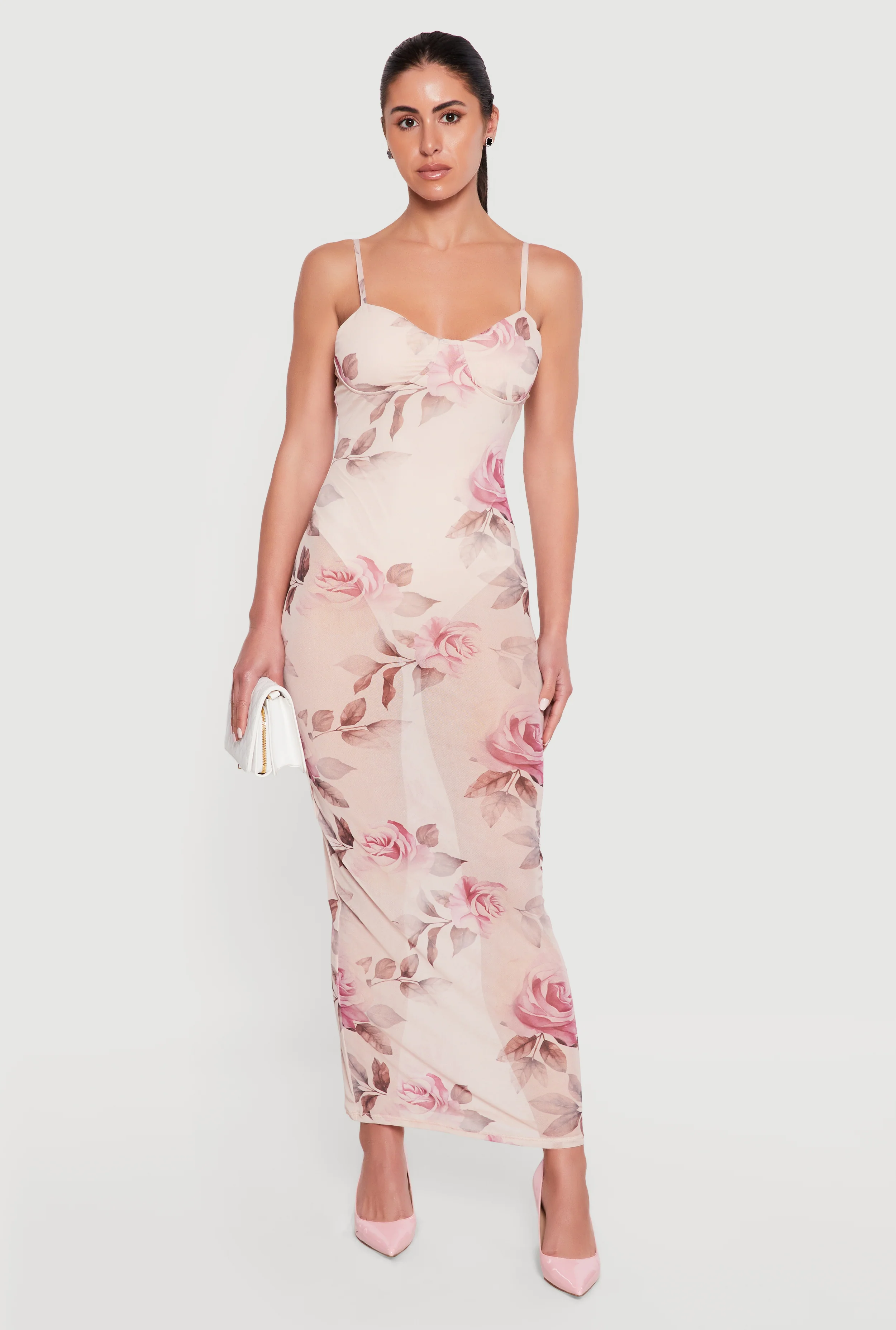Floral Mesh Bustier Maxi Dress with Built-In Bodysuit