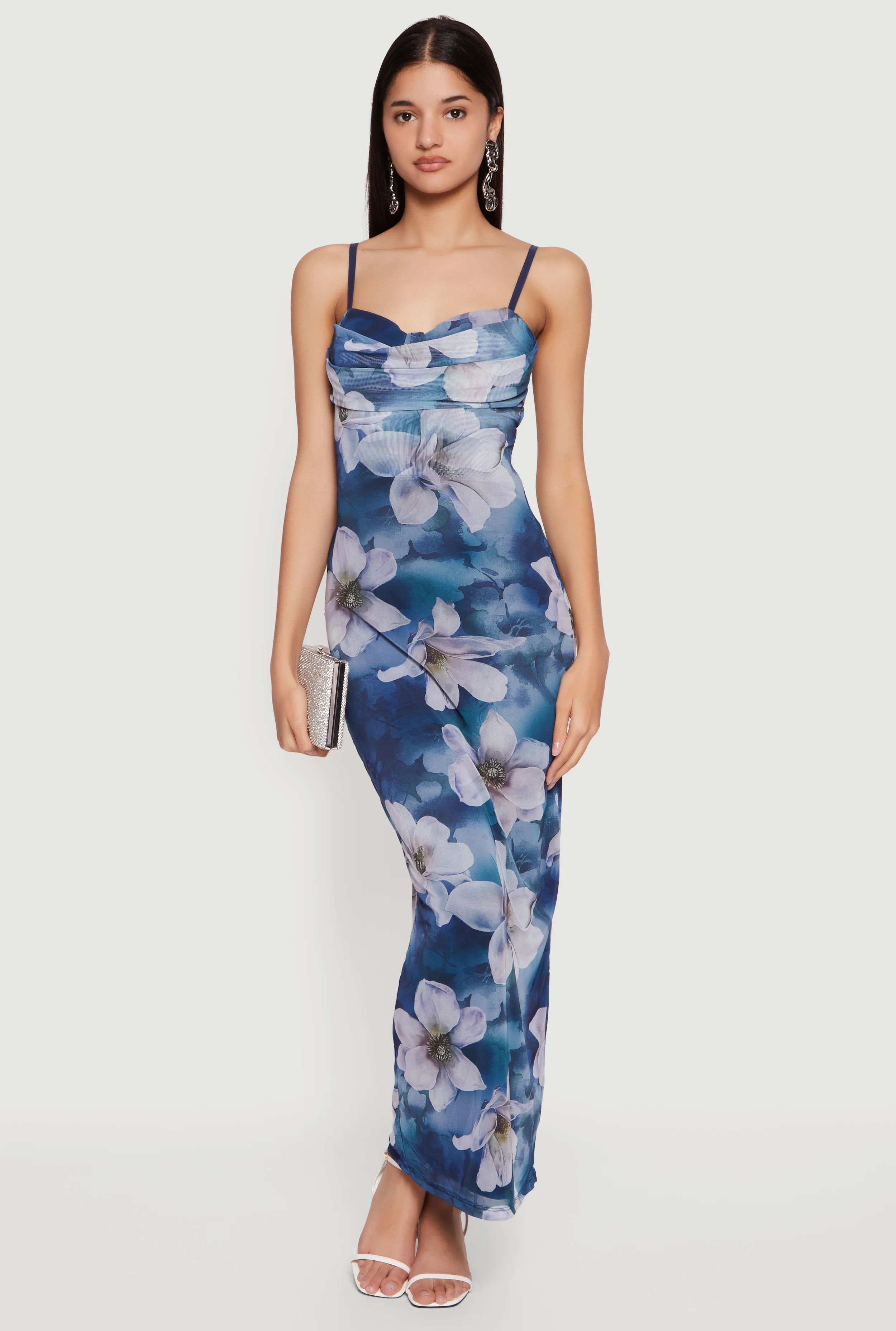 Floral Mesh Overlay Cowl Neck Maxi Dress