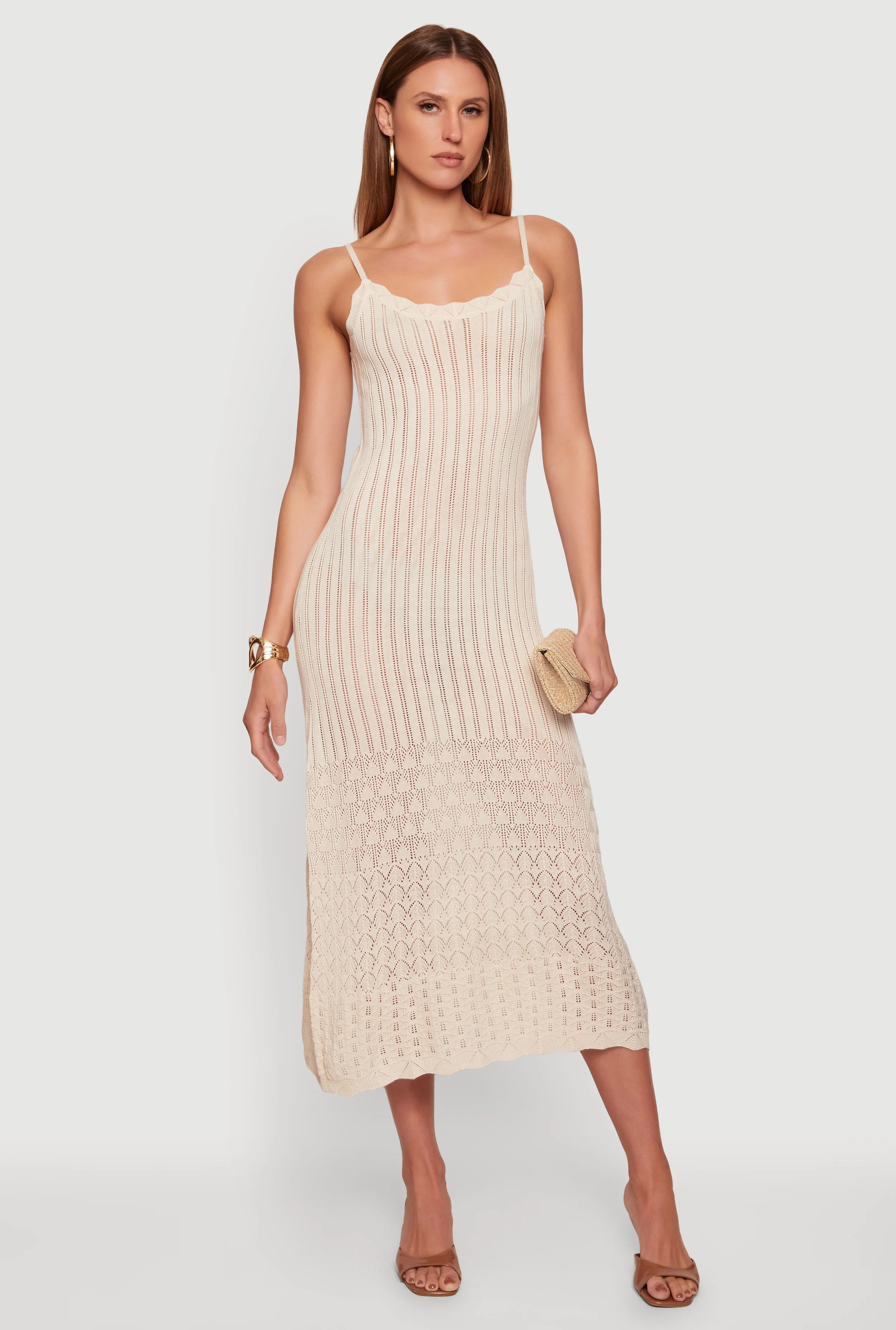Pointelle Knit Hem Scoop Neck Crochet Dress