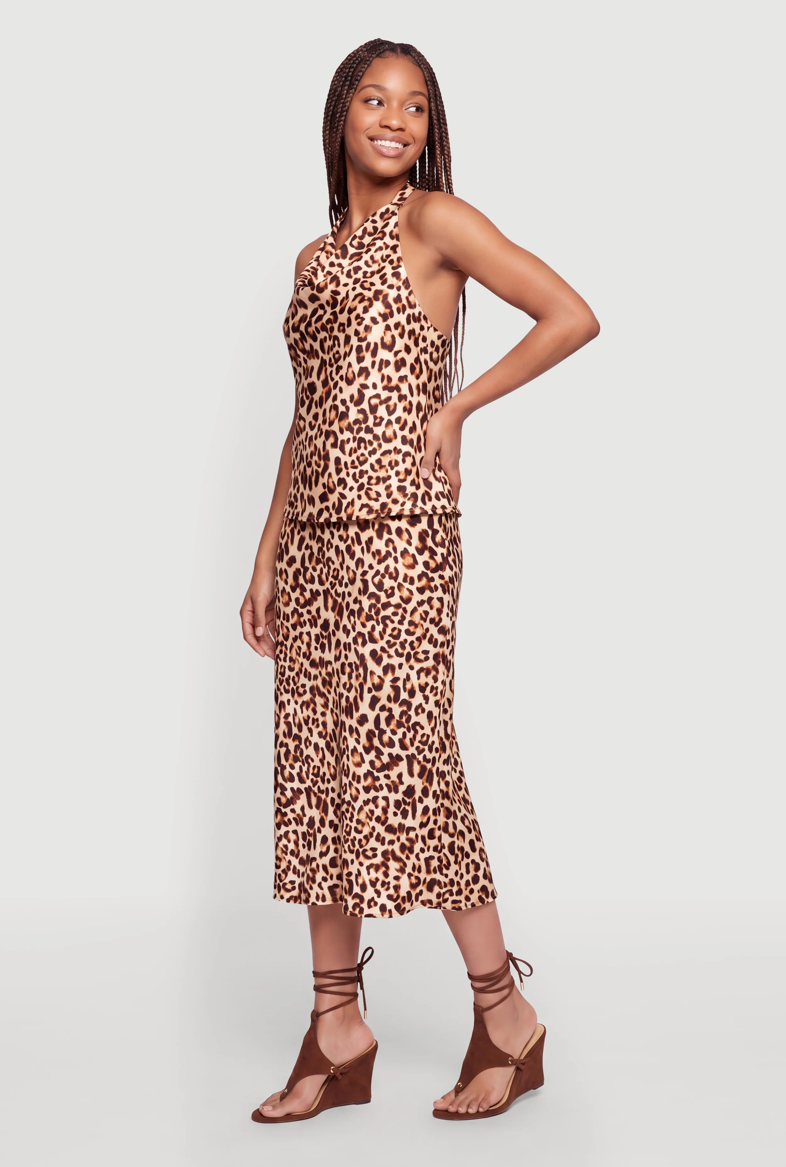 Leopard Print Satin Midi Skirt