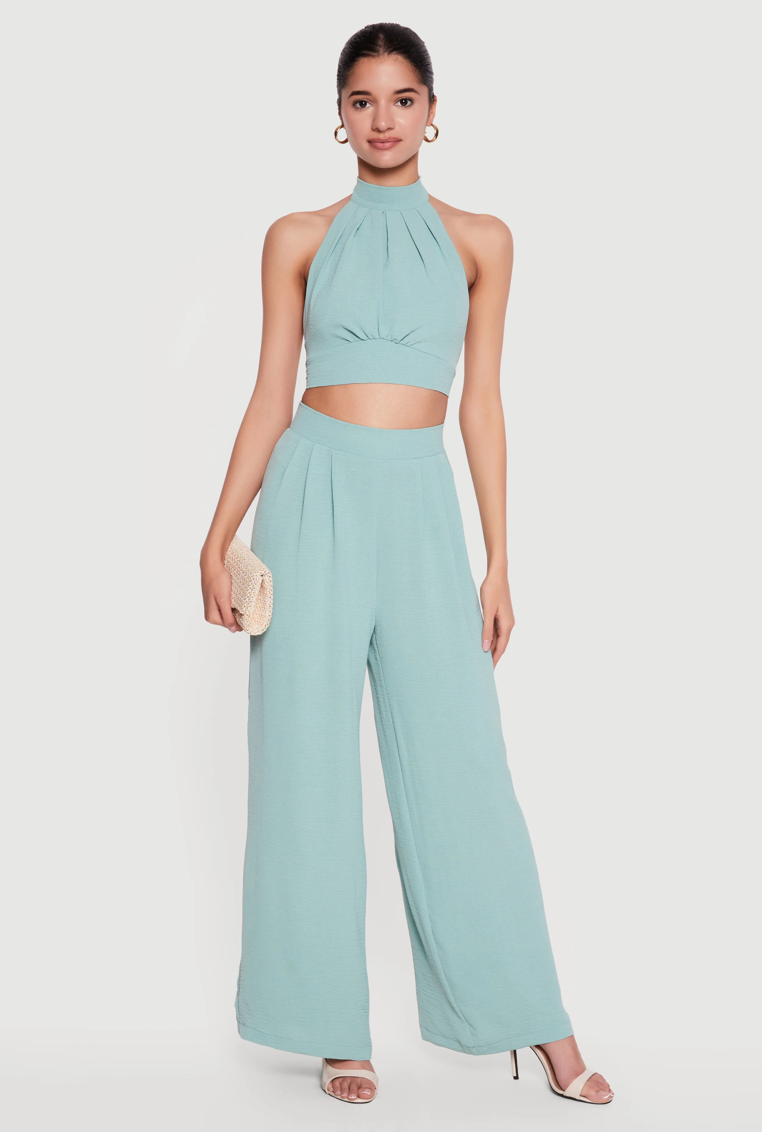 Airy Crepe Knit Pleated Wide Leg Dress Pants