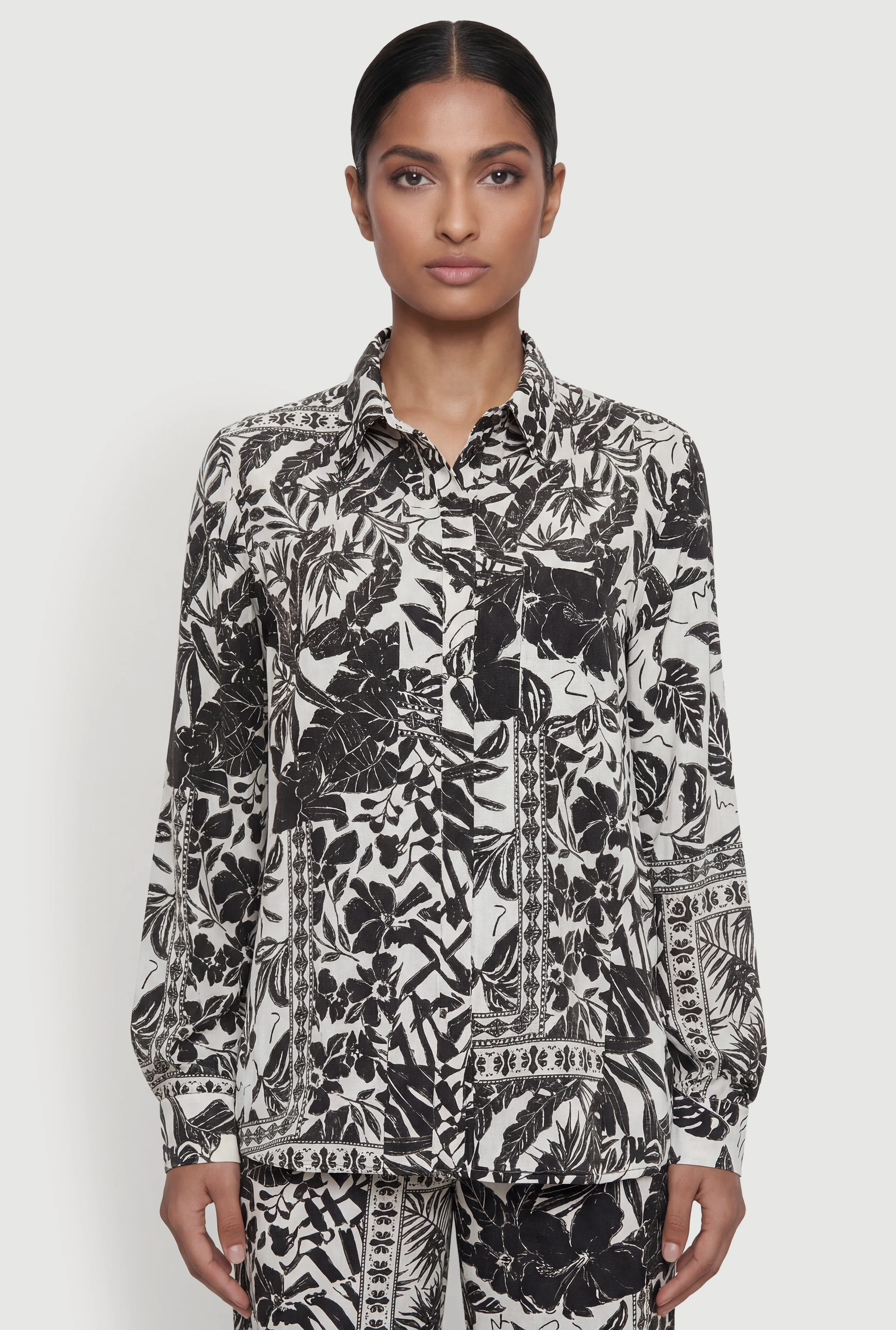 Floral Patterned Long Sleeve Button Front Blouse