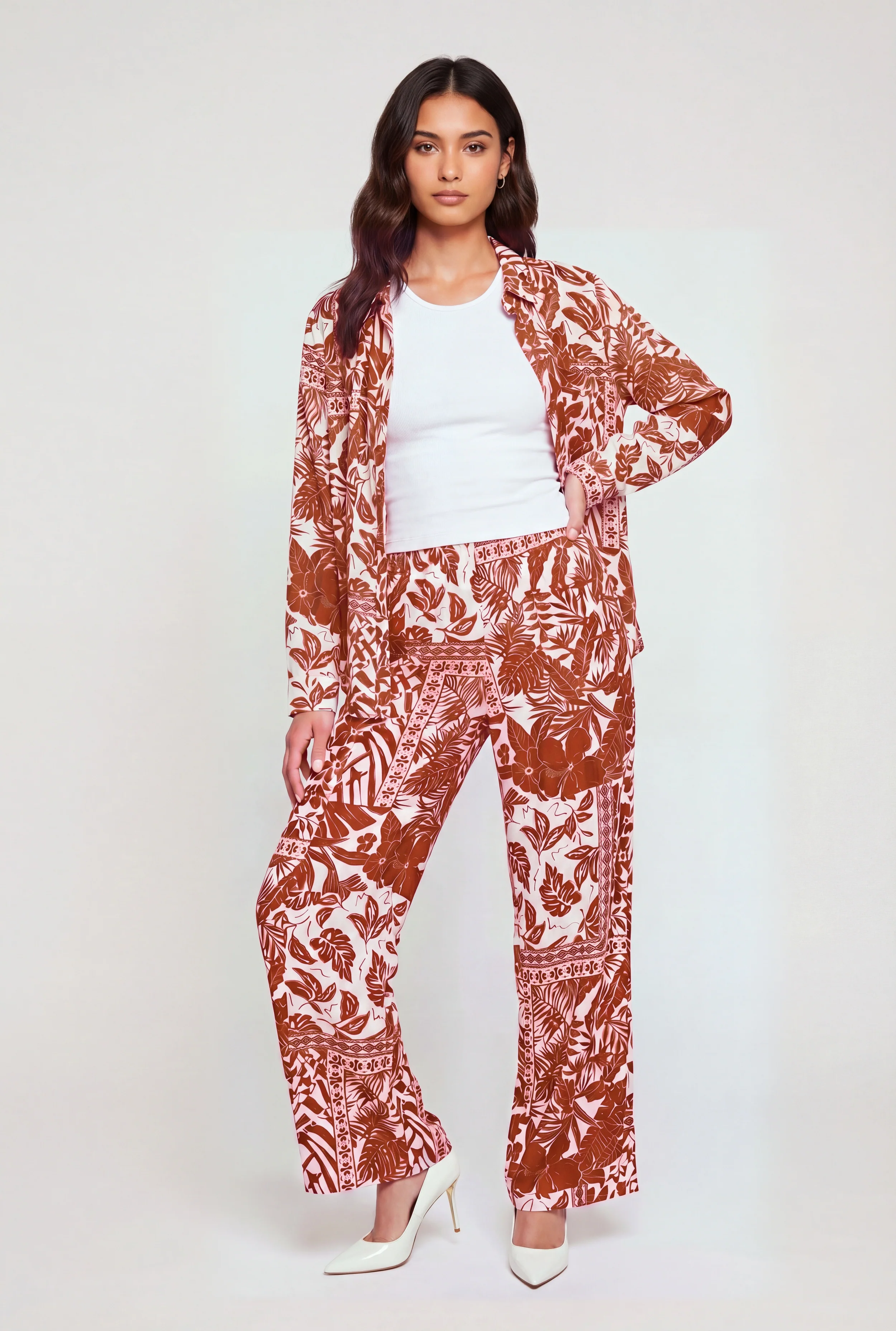 Floral Printed Pattern High Waisted Straight Leg Pants