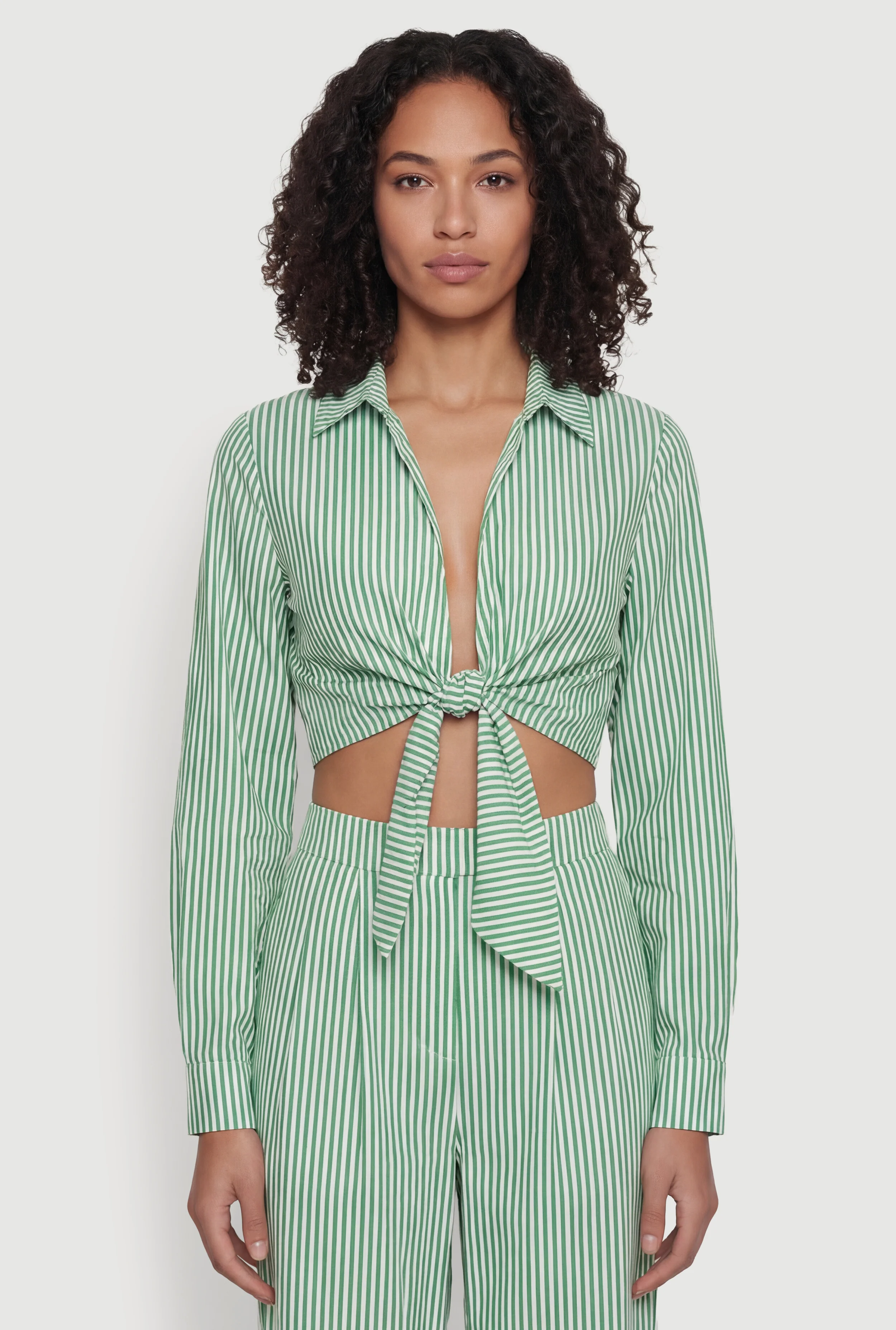 Striped Crepe Knit Tie Front Crop Blouse
