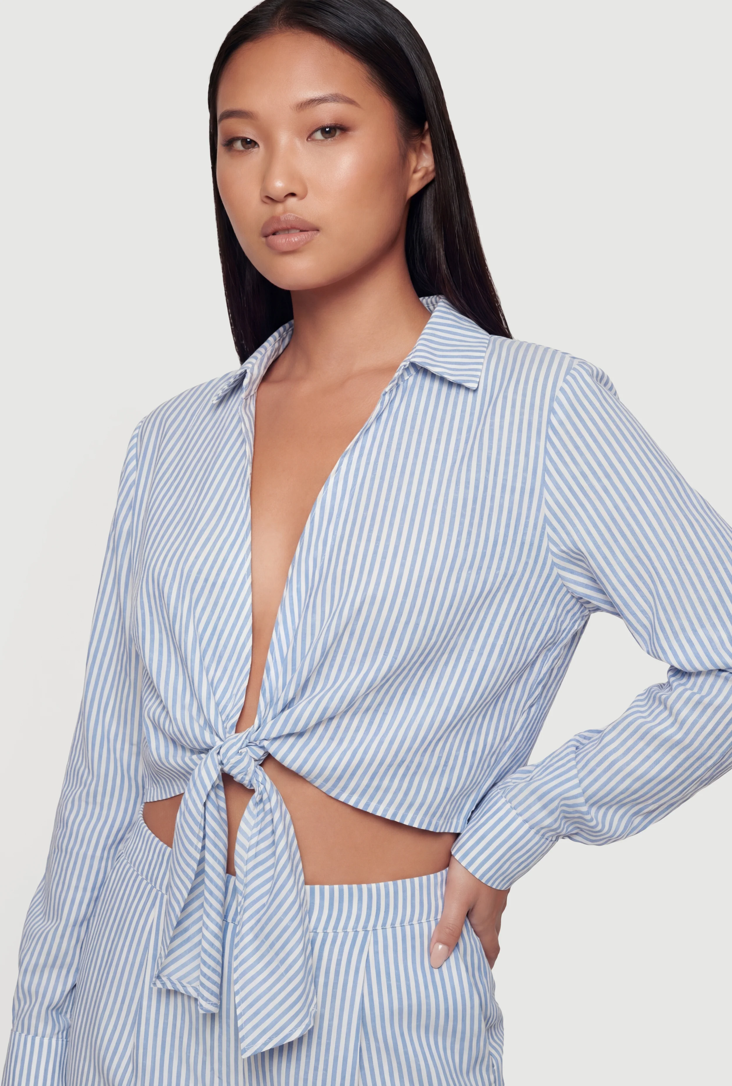 Striped Crepe Knit Tie Front Crop Blouse