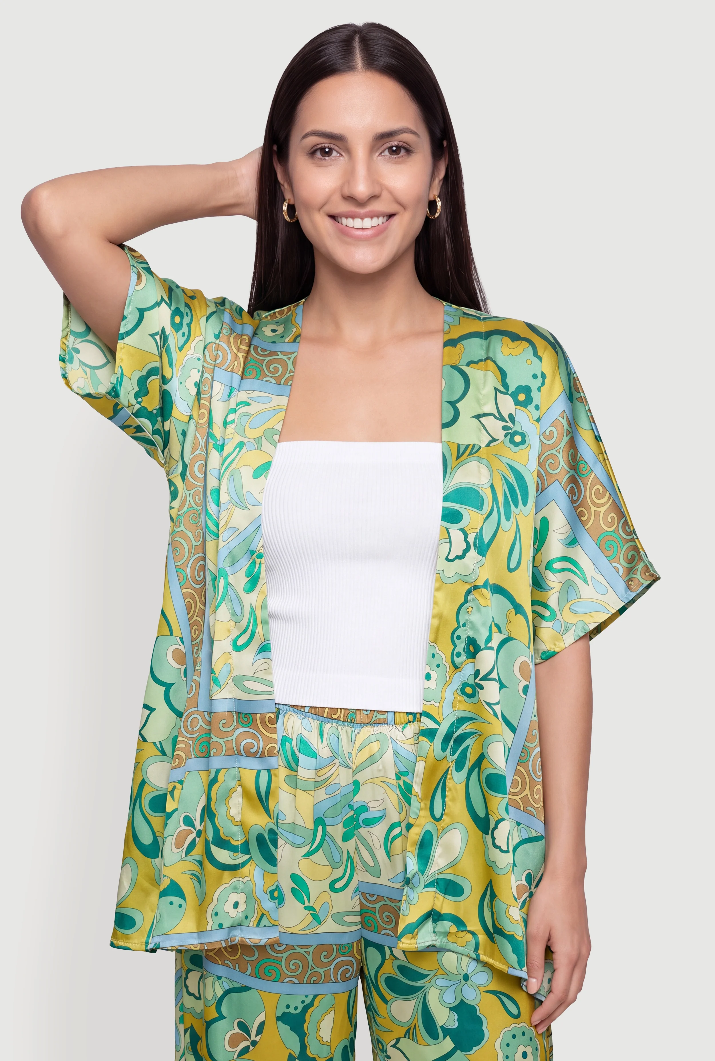 Paisley Border Print Satin Kimono